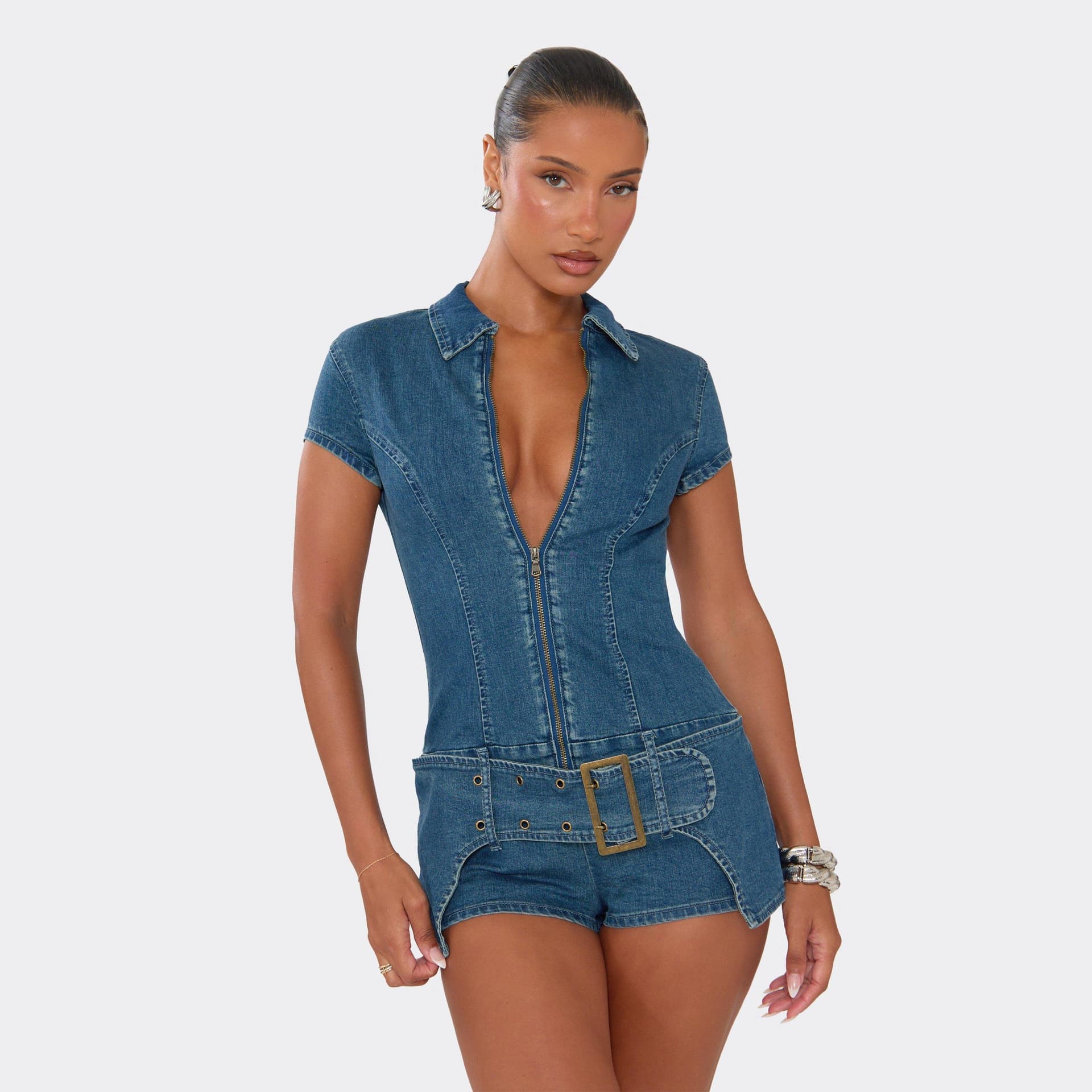 EGO Short Sleeve Zip Front Belted Playsuit In Blue Denim, Women's Size UK 6