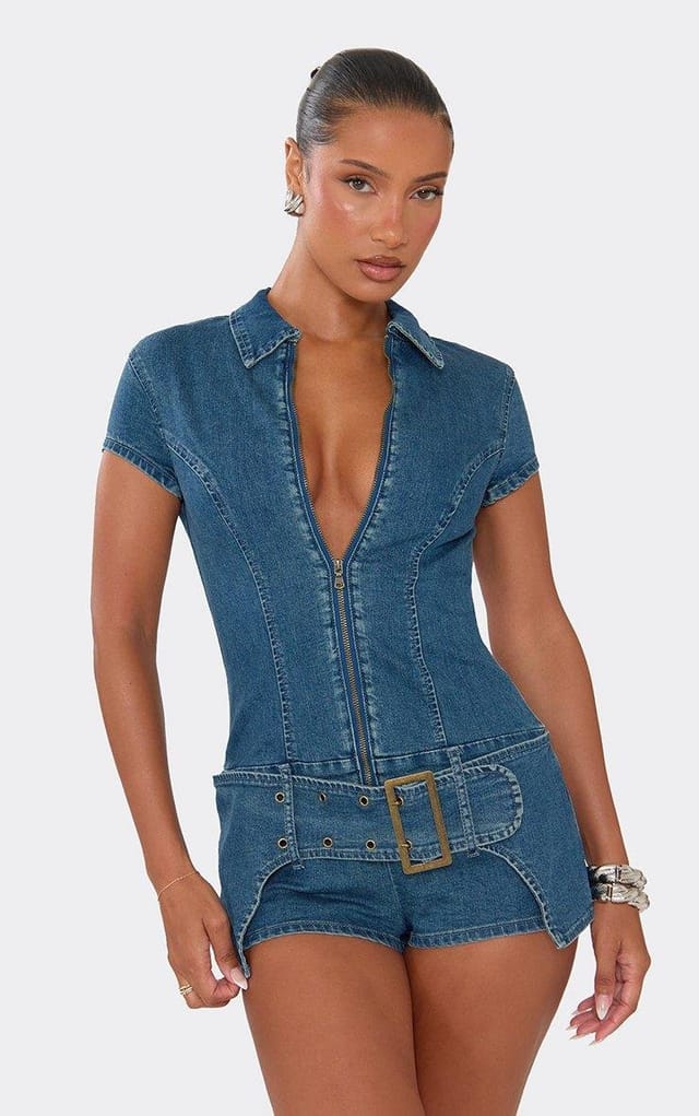 EGO Short Sleeve Zip Front Belted Playsuit In Blue Denim, Women's Size UK 6 - 2