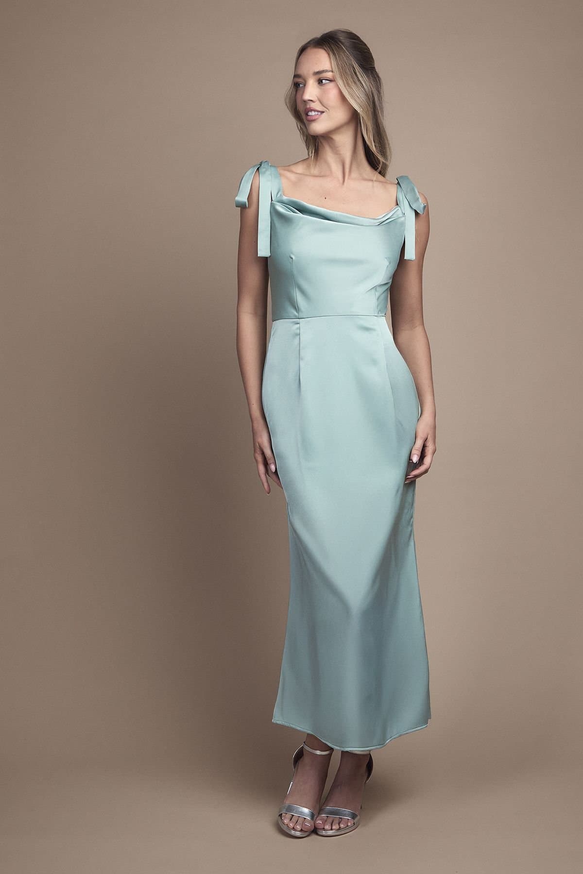 Oasis Oasis Women's Satin Tie Shoulder Cowl Front Midi Bridesmaid Dress in Sage