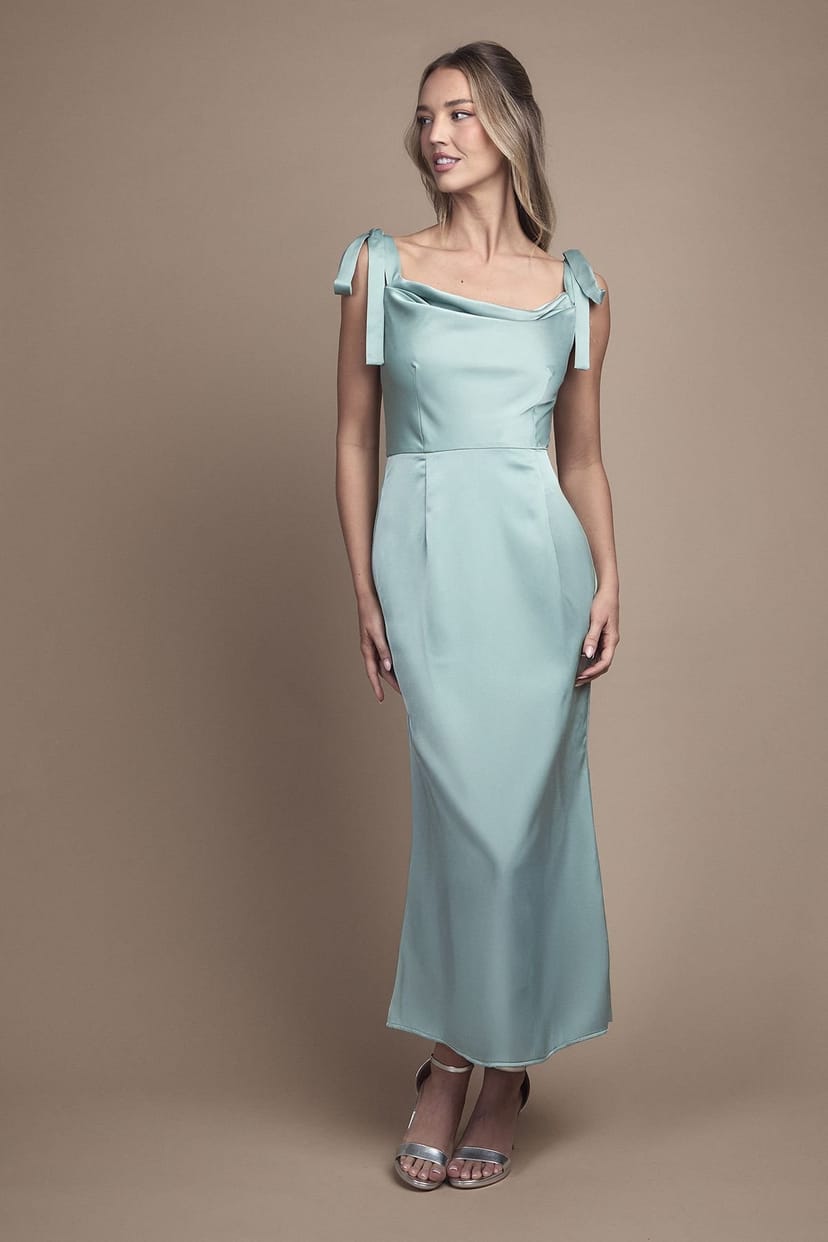 Oasis Oasis Women's Satin Tie Shoulder Cowl Front Midi Bridesmaid Dress in Sage - 1