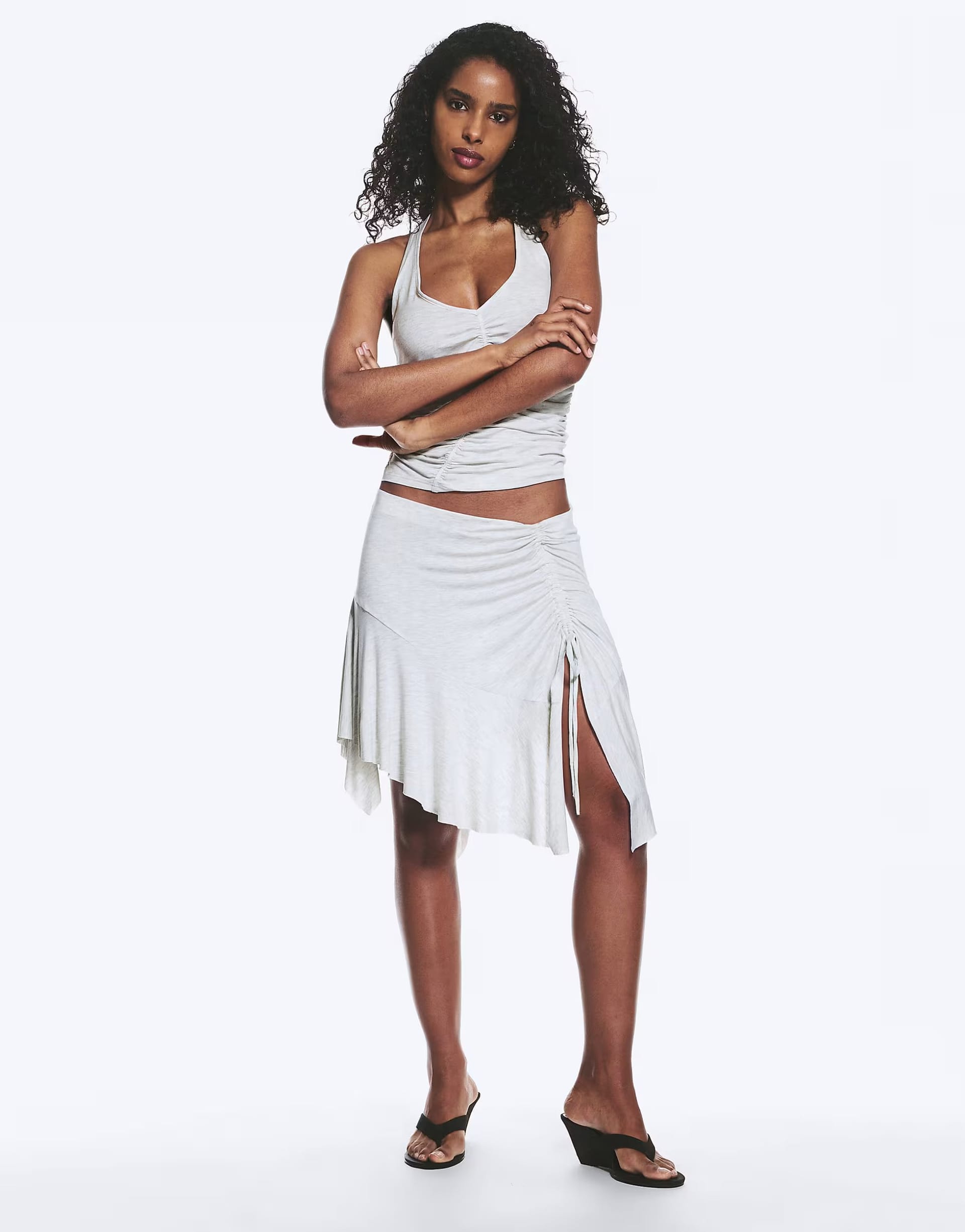 Monki Grey Melange Asymmetric Ruched Mini Skirt