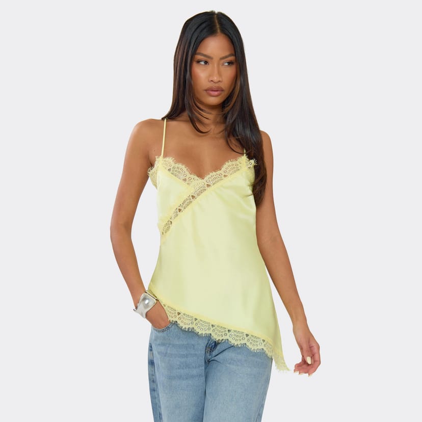 EGO Strappy Lace Trim Asymmetric Hem Top In Yellow Satin, Women's Size UK 6 - 1