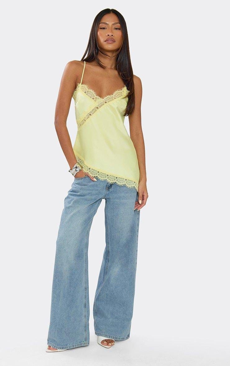 EGO Strappy Lace Trim Asymmetric Hem Top In Yellow Satin, Women's Size UK 6 - 2