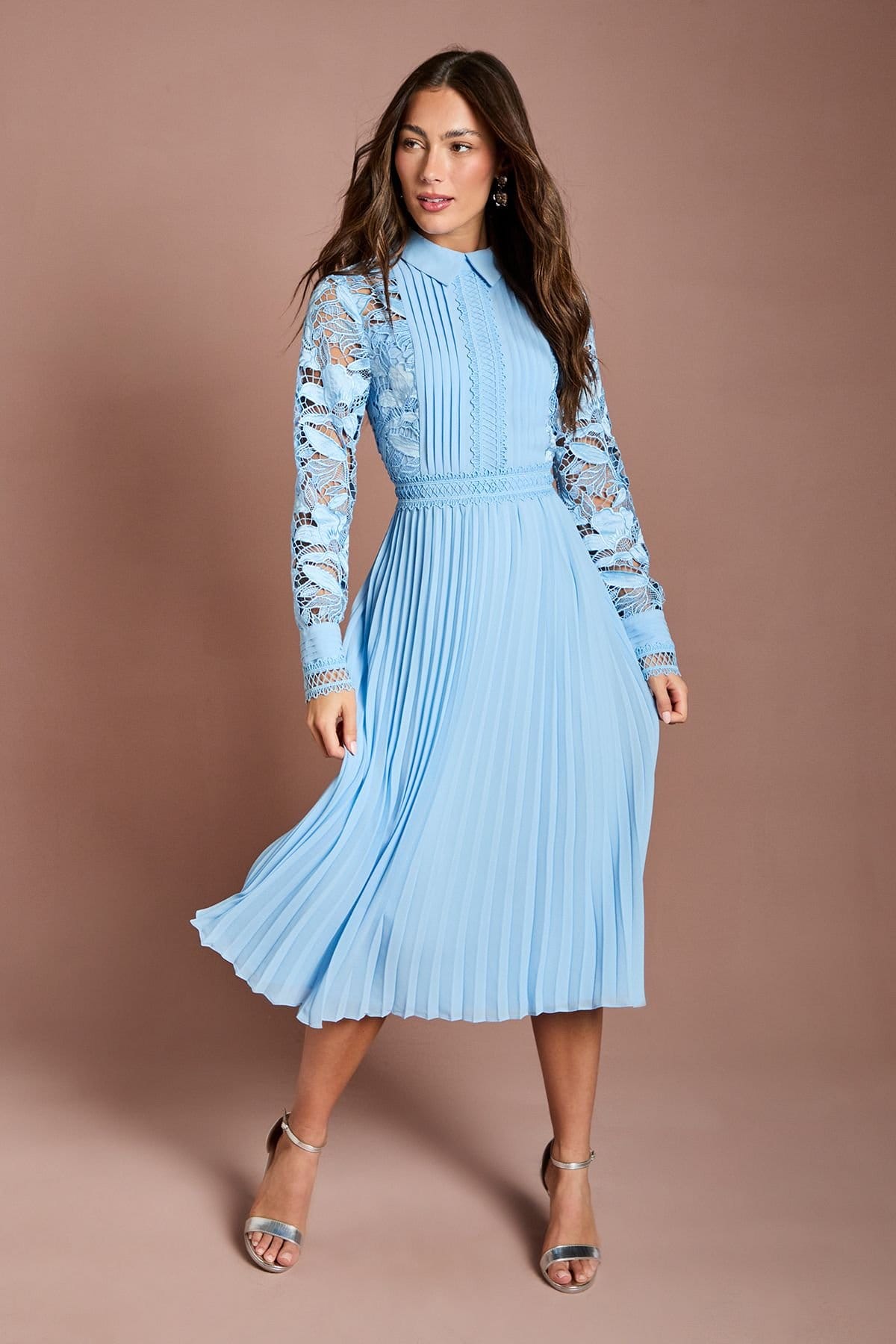 Coast Light Blue Lace & Pleated Midi Shirt Dress