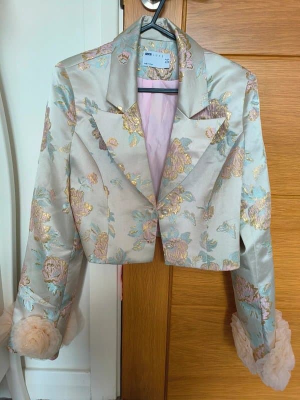 ASOS ASOS luxe jacquard skirt and blazer and bodysuit with organza trimming