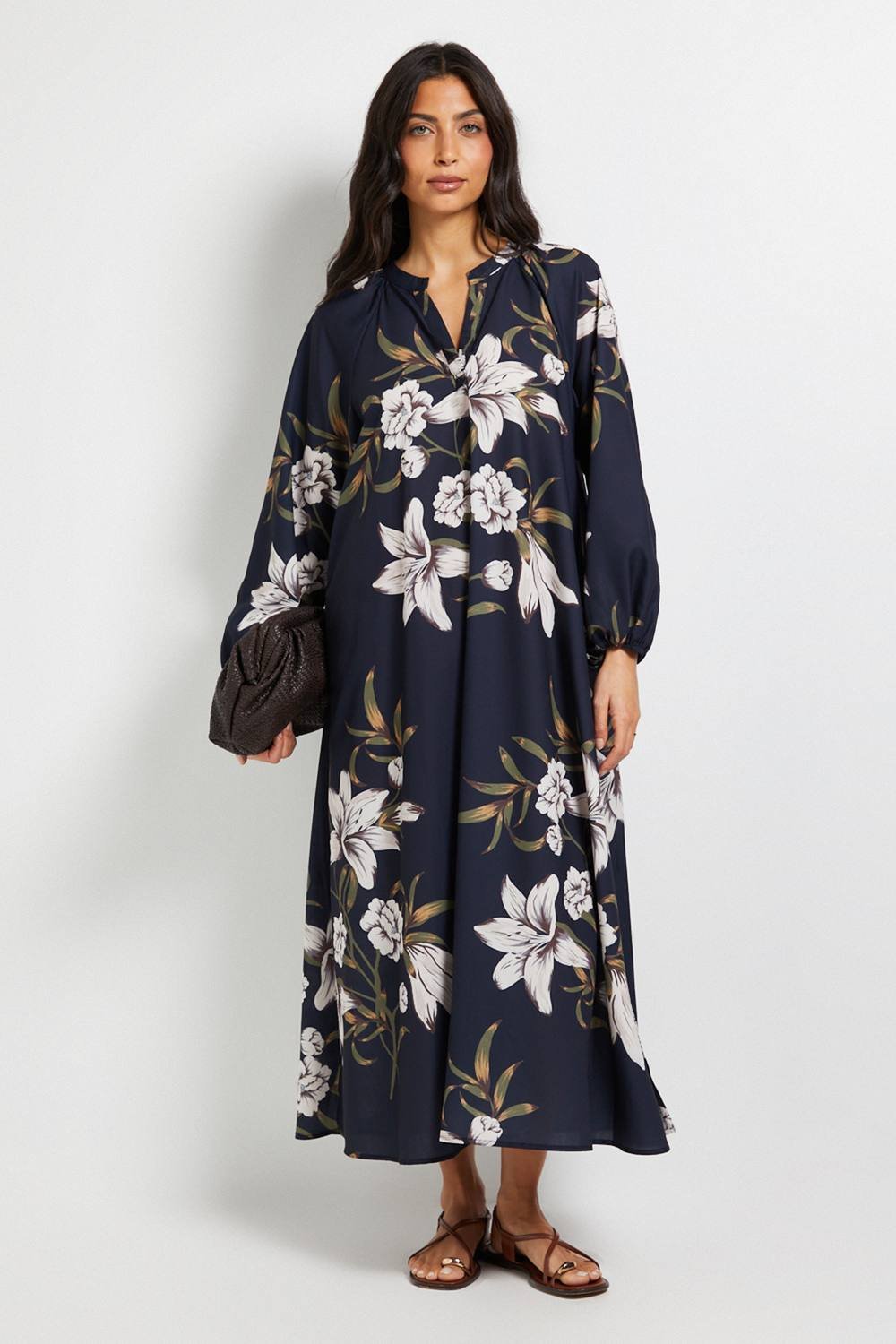 Wallis Wallis Women's Floral Collarless Midaxi Dress in Navy - 2
