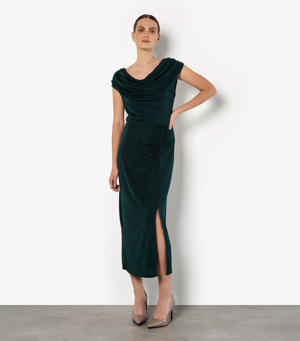 Apricot Women's Dark Green Shiny Ruched Cowl Neck Midi Dress Apricot New Look