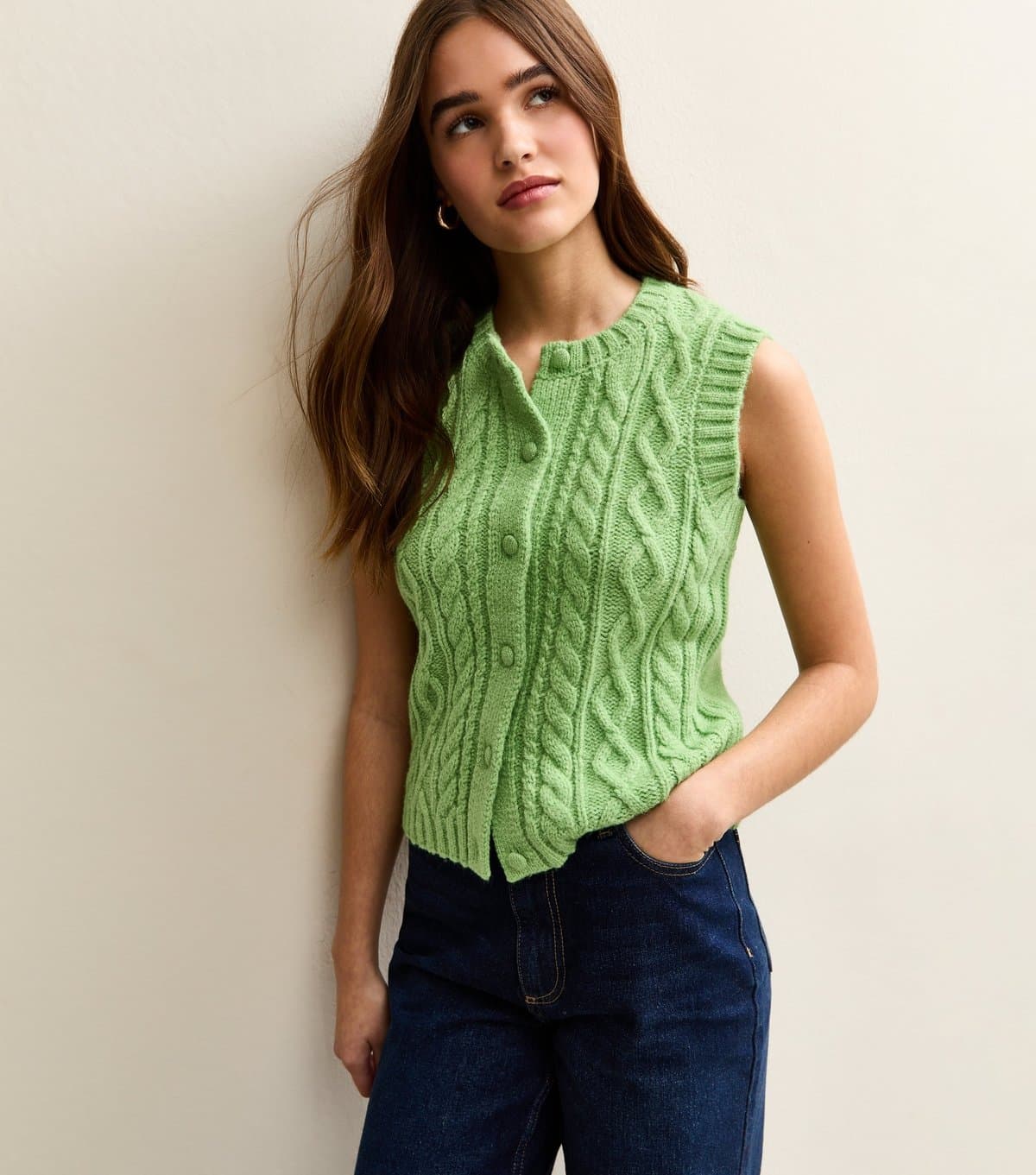 New Look Women's Bright Green Crew Neck Cable Knit Waistcoat New Look