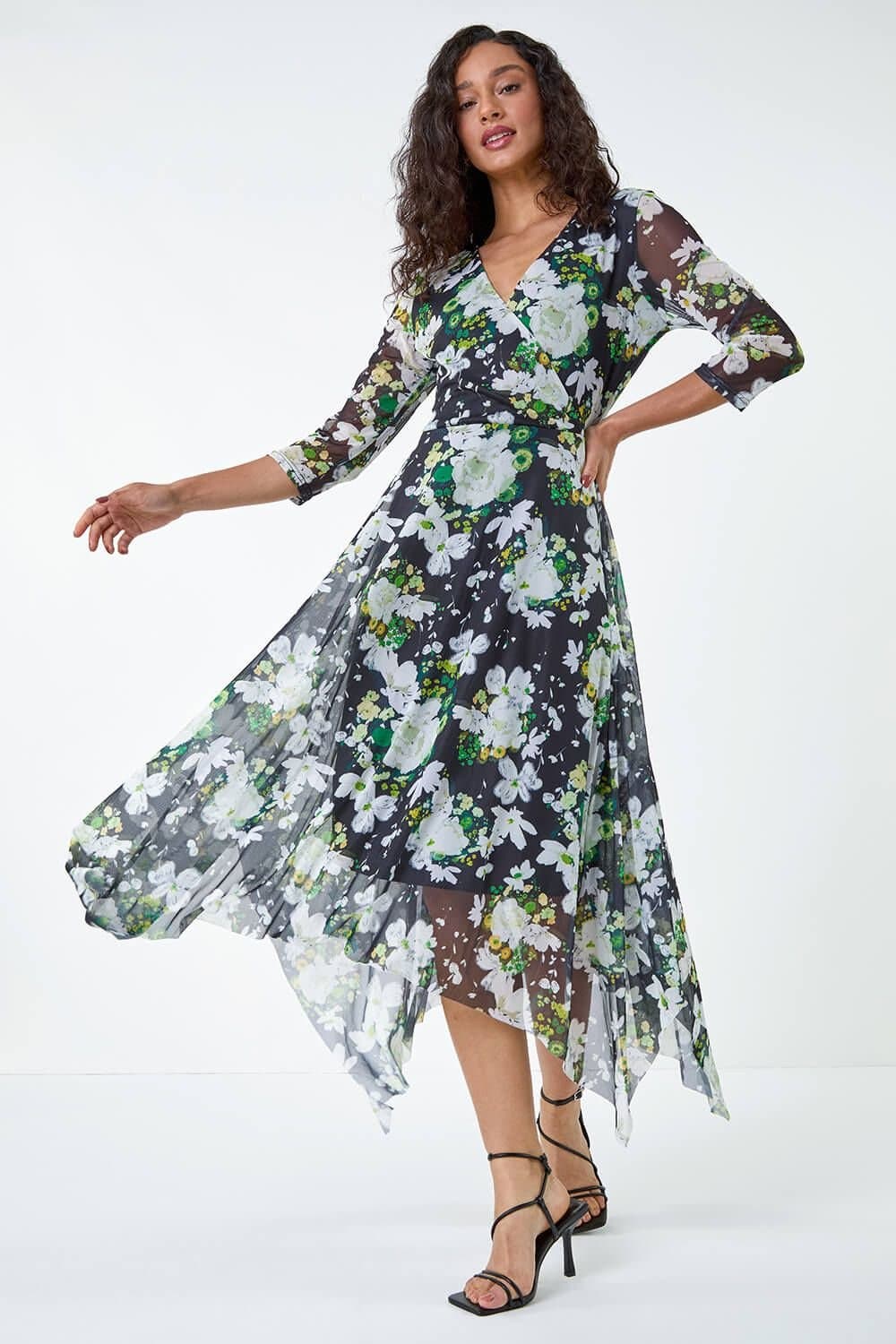 DUSK Dusk Women's Abstract Stretch Mesh Hanky Hem Wrap Dress in Green