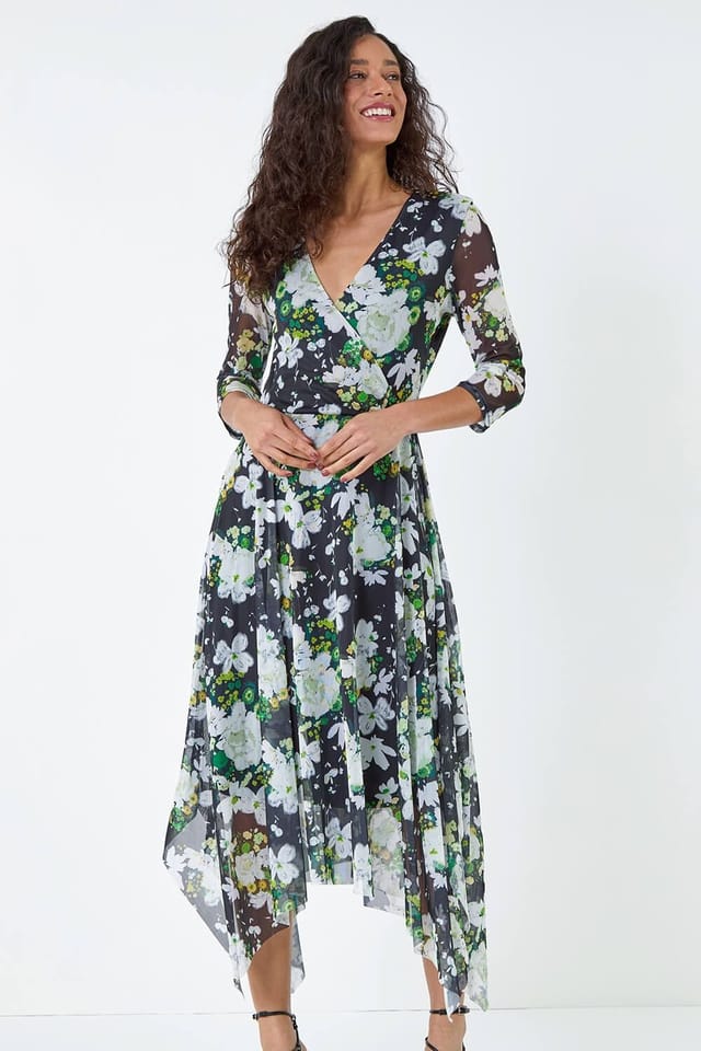 DUSK Dusk Women's Abstract Stretch Mesh Hanky Hem Wrap Dress in Green - 2