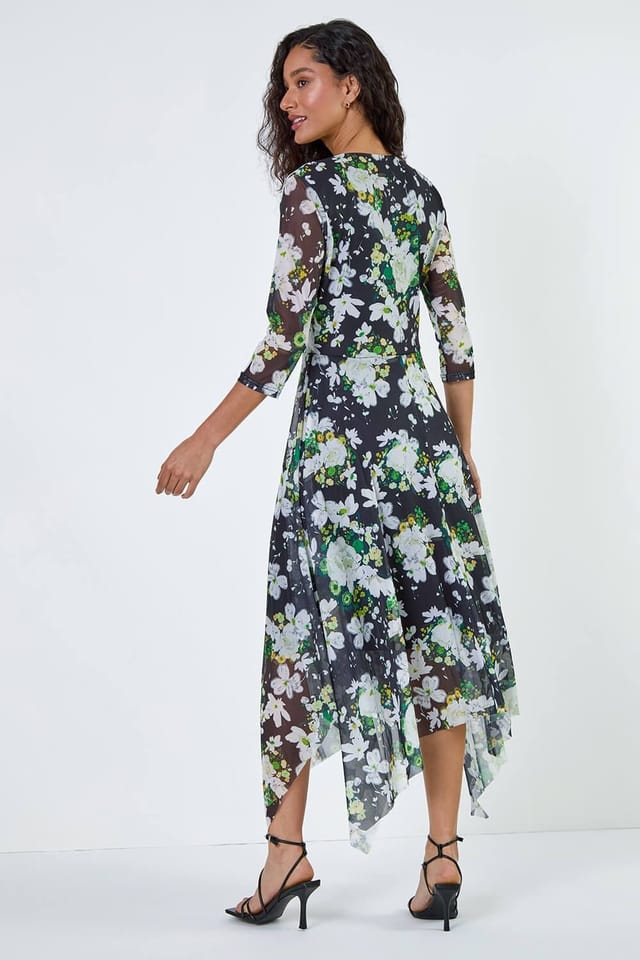 DUSK Dusk Women's Abstract Stretch Mesh Hanky Hem Wrap Dress in Green - 3