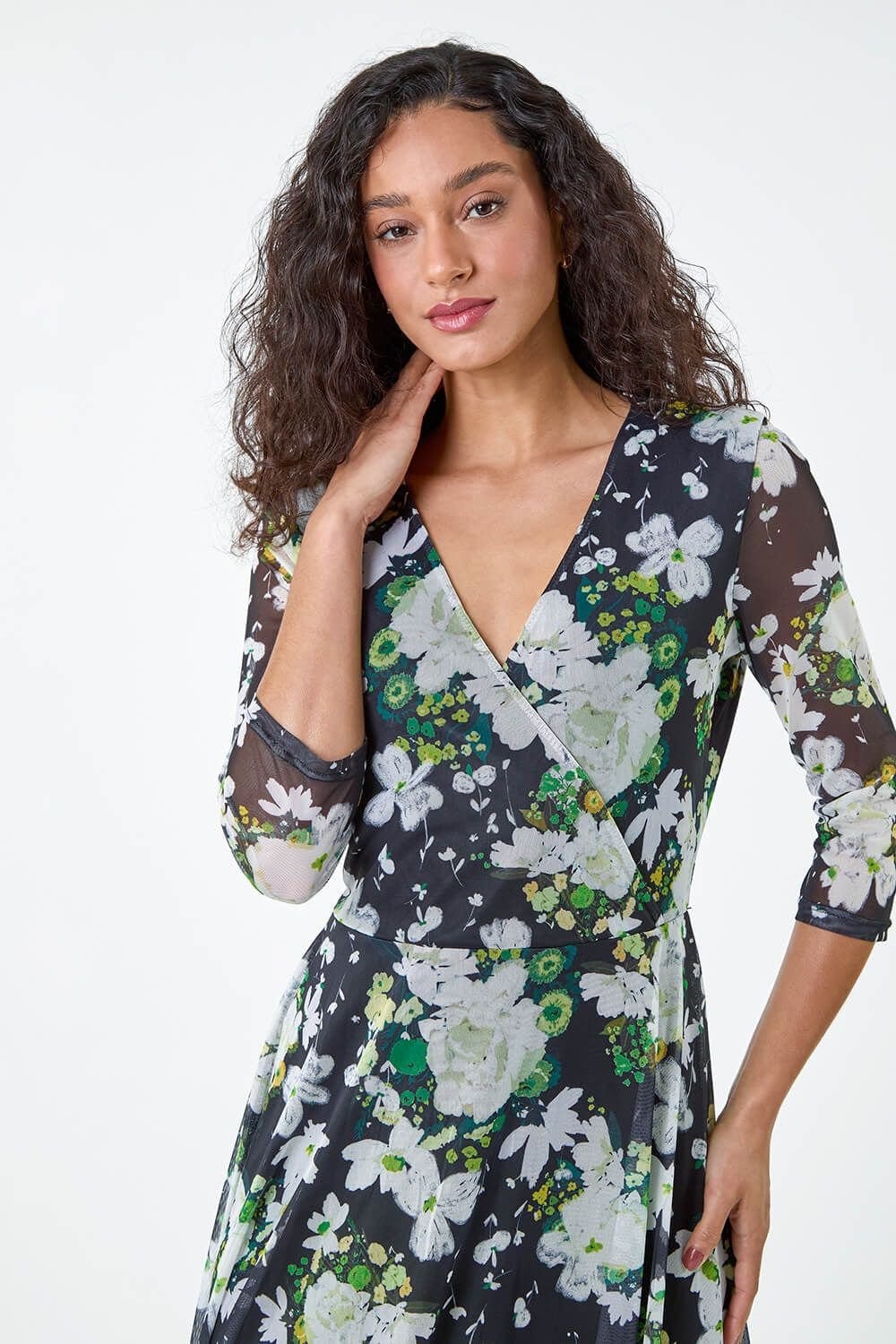 DUSK Dusk Women's Abstract Stretch Mesh Hanky Hem Wrap Dress in Green - 4