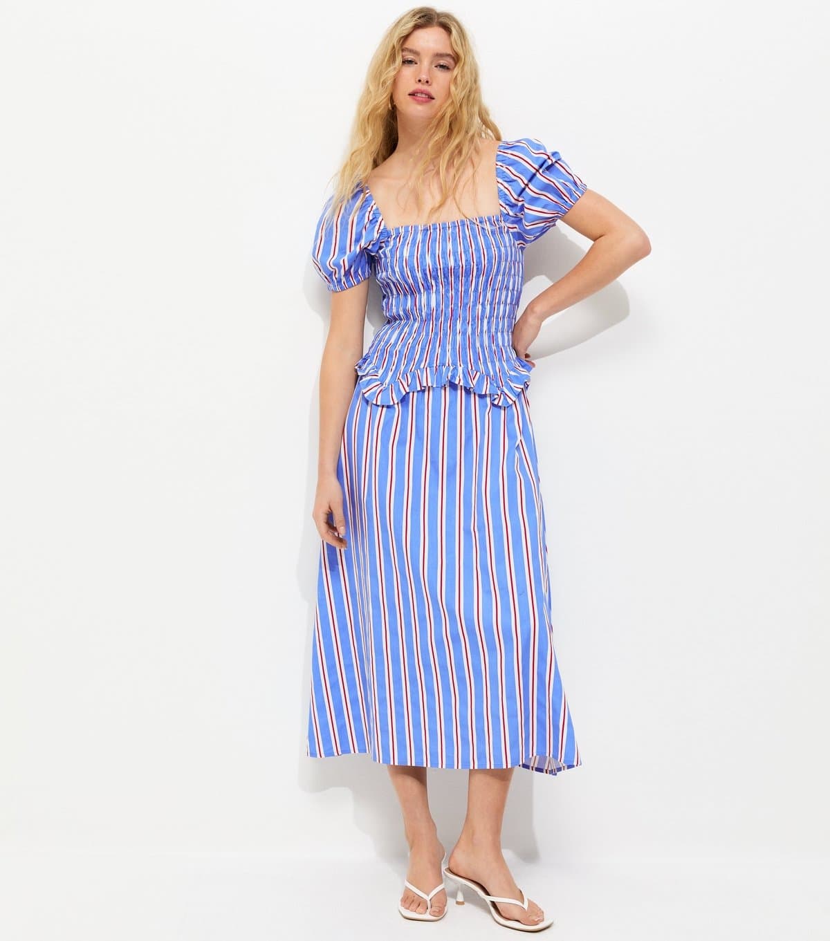 New Look Women's Blue Striped Shirred Dropped Waist Midi Dress New Look