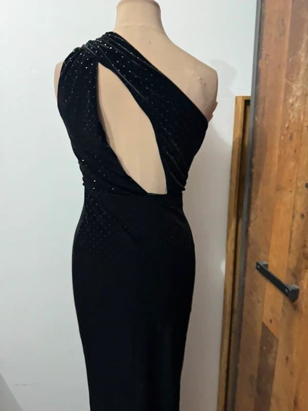 ASOS Design black velvet velour one shoulder cut out evening midi dress silver size 10