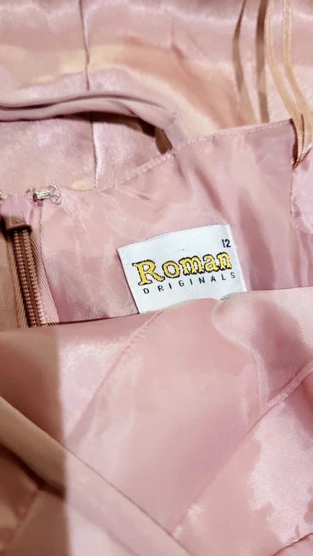ROMAN Roman UK 12 Rose Blush Satin fit & flare evening formal party dress & scarf VGC