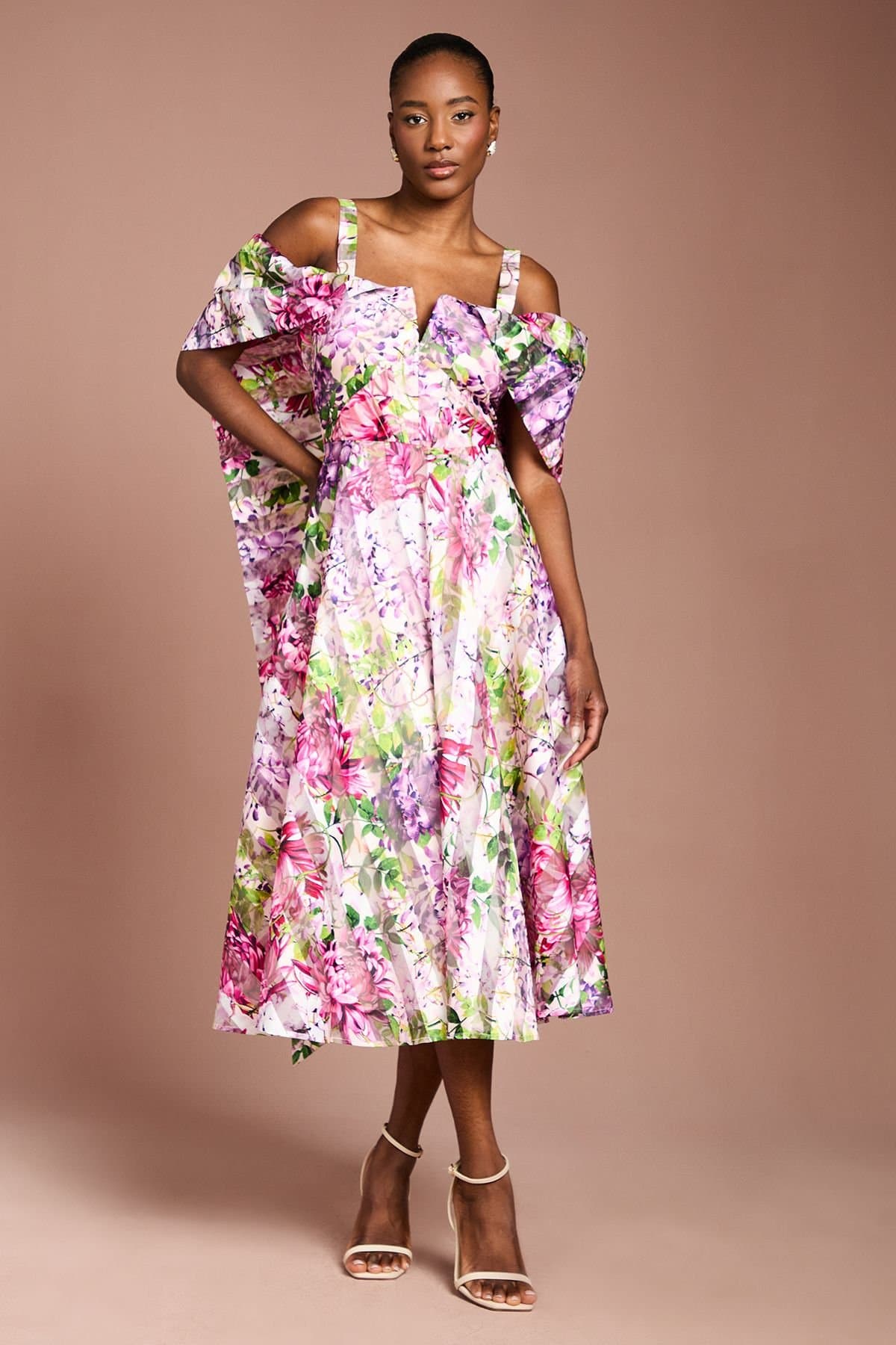 Coast Coast Women's Lisa Tan Printed Organza Bardot Midi Dress in Pink