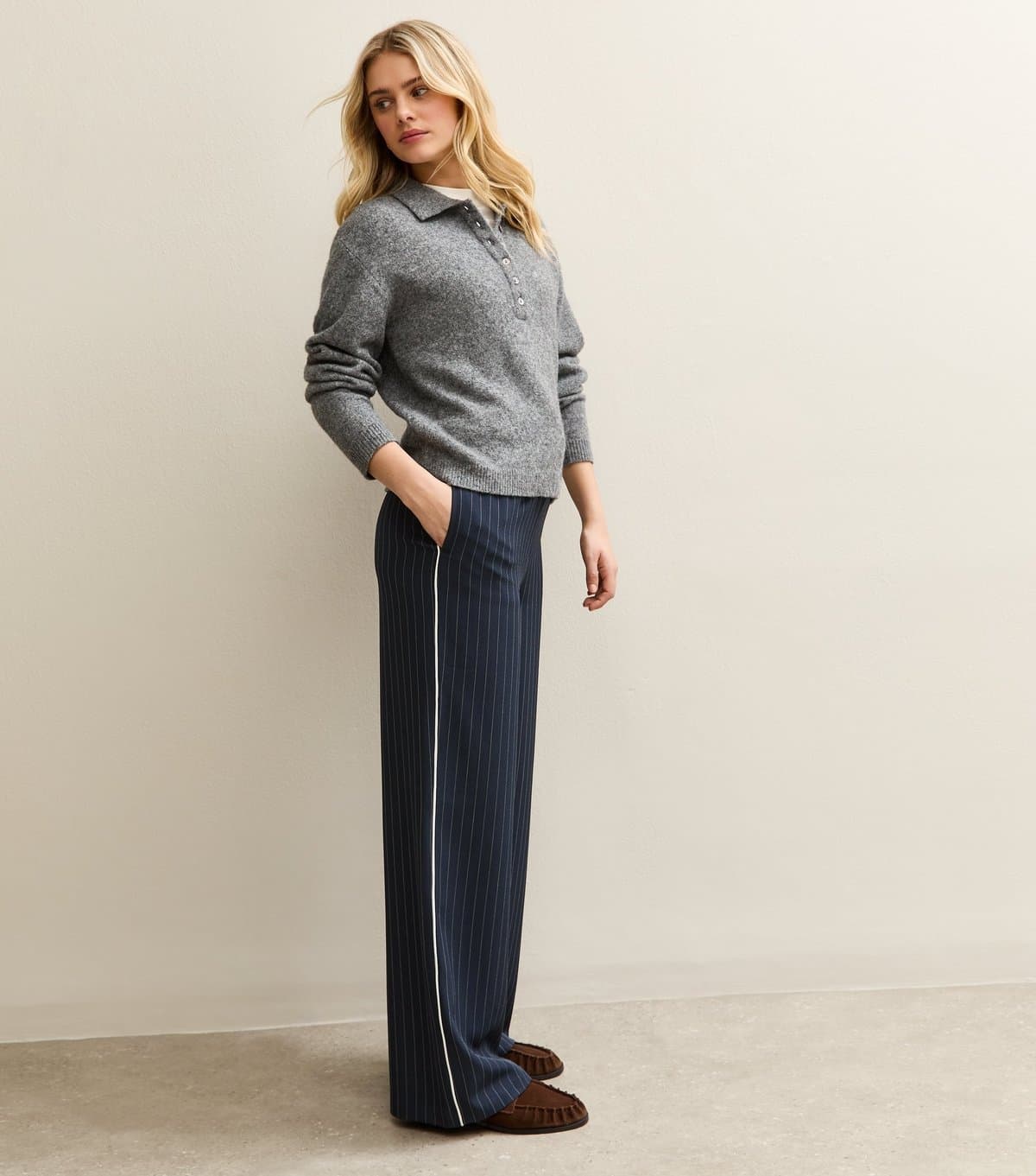 New Look Women's Blue Pinstripe Side Stripe Wide Leg Trousers New Look