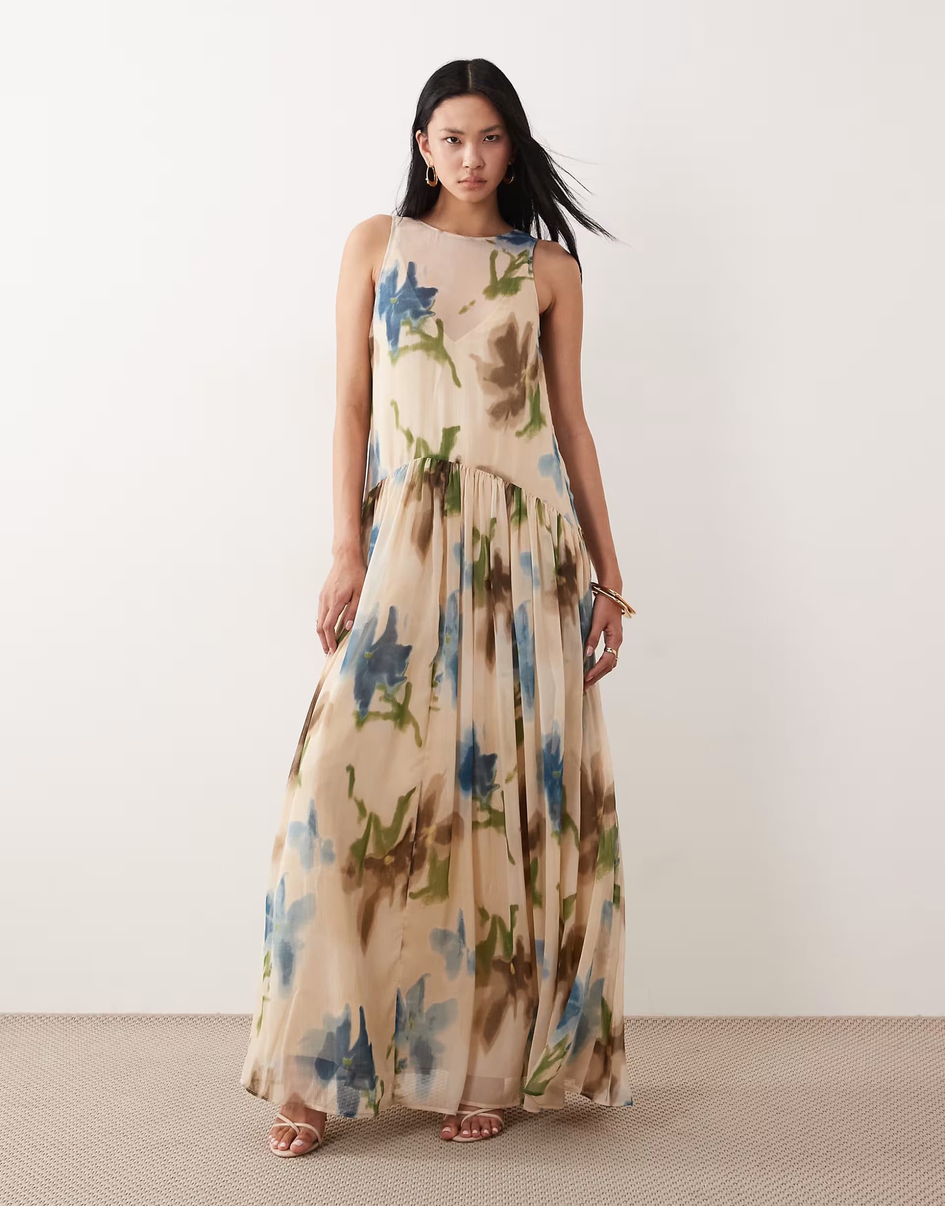 ASOS ASOS DESIGN Tall racer neck smock maxi dress in pink floral