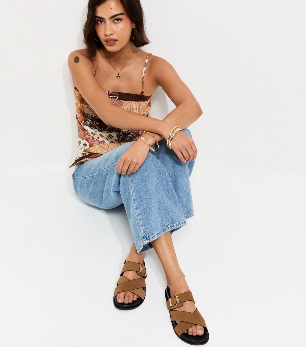 New Look Women's Premium Real Leather Tan Suede Cross Over Strap Flat Mule Sandals New Look