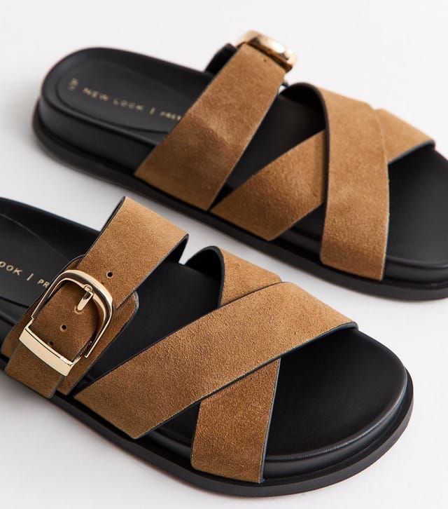 New Look Women's Premium Real Leather Tan Suede Cross Over Strap Flat Mule Sandals New Look - 3