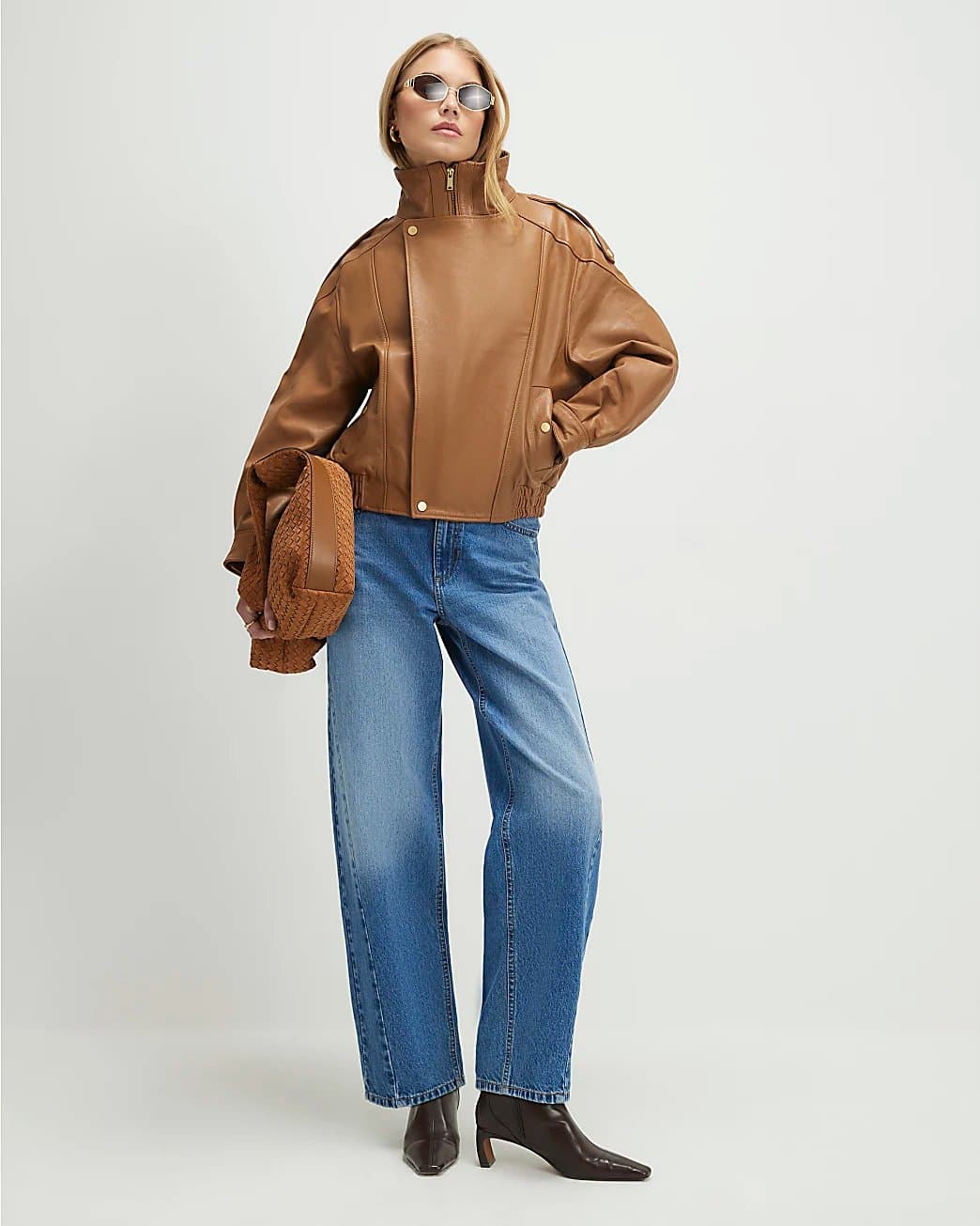 River Island River Island Womens Brown Leather Funnel Bomber Jacket
