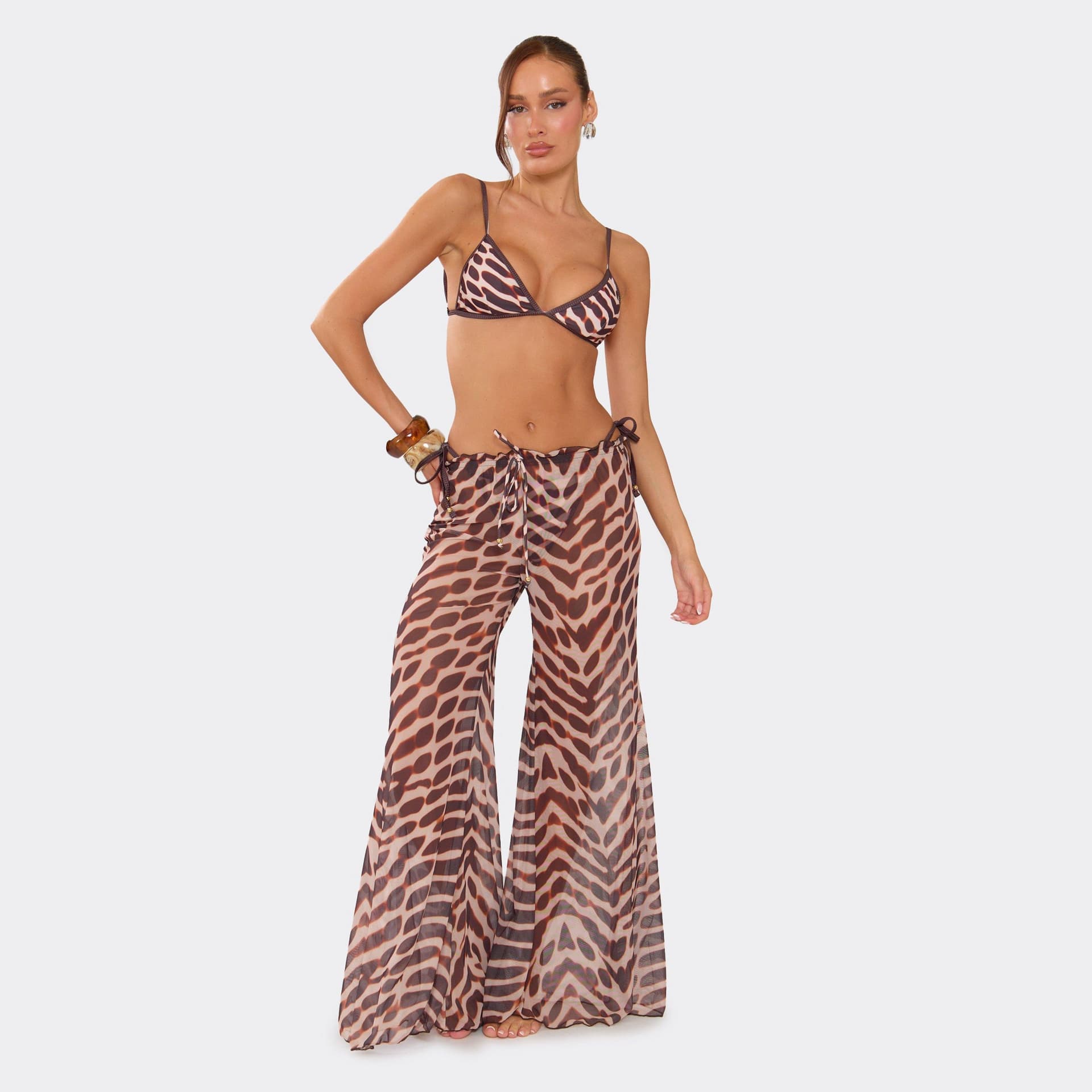 EGO Triangle Tie Side Bikini Matching Set With Wide Leg Trousers In Multi Animal Print, Women's Size UK L