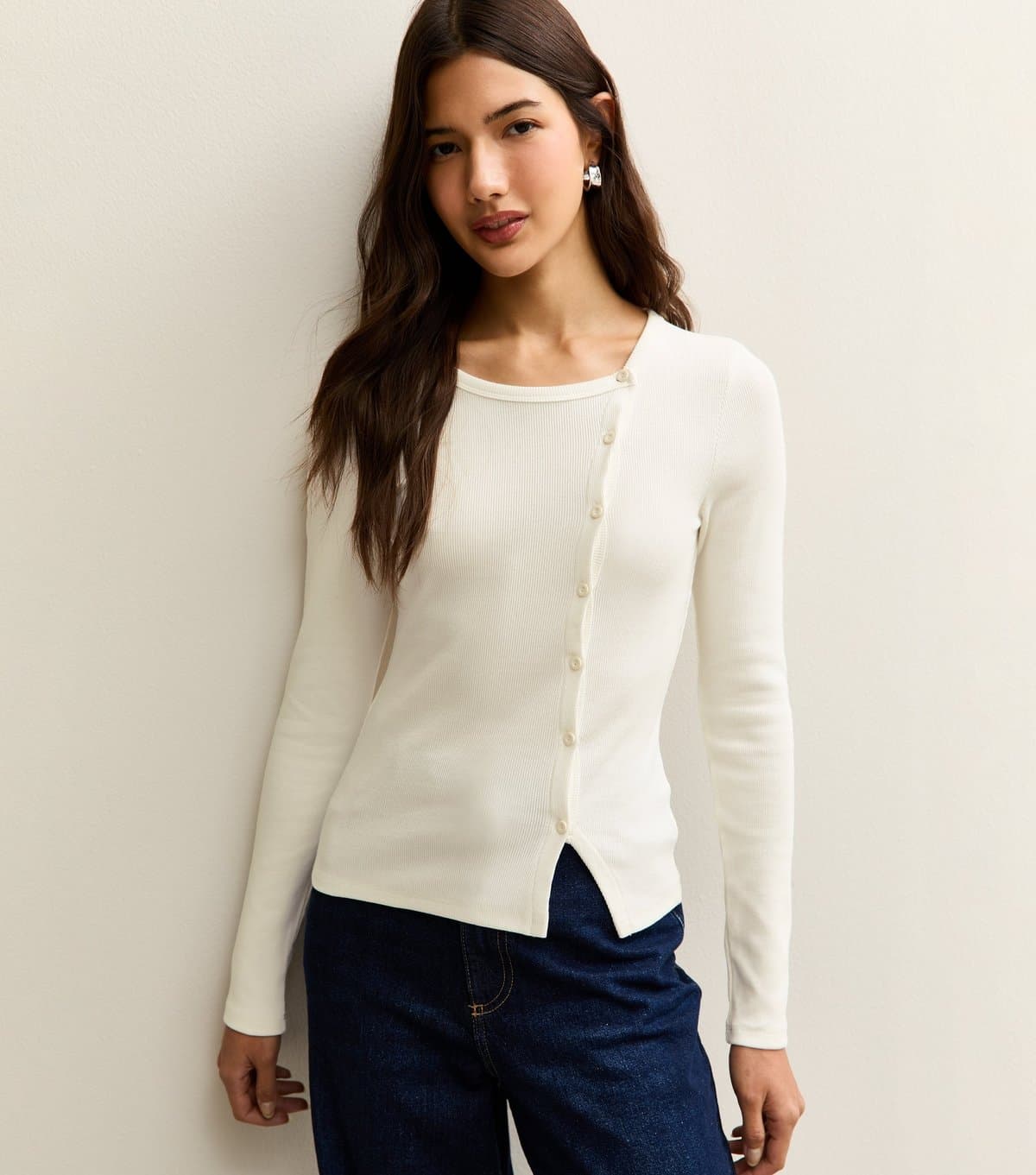 New Look Women's Off White Asymmetric Button Long Sleeve Top New Look