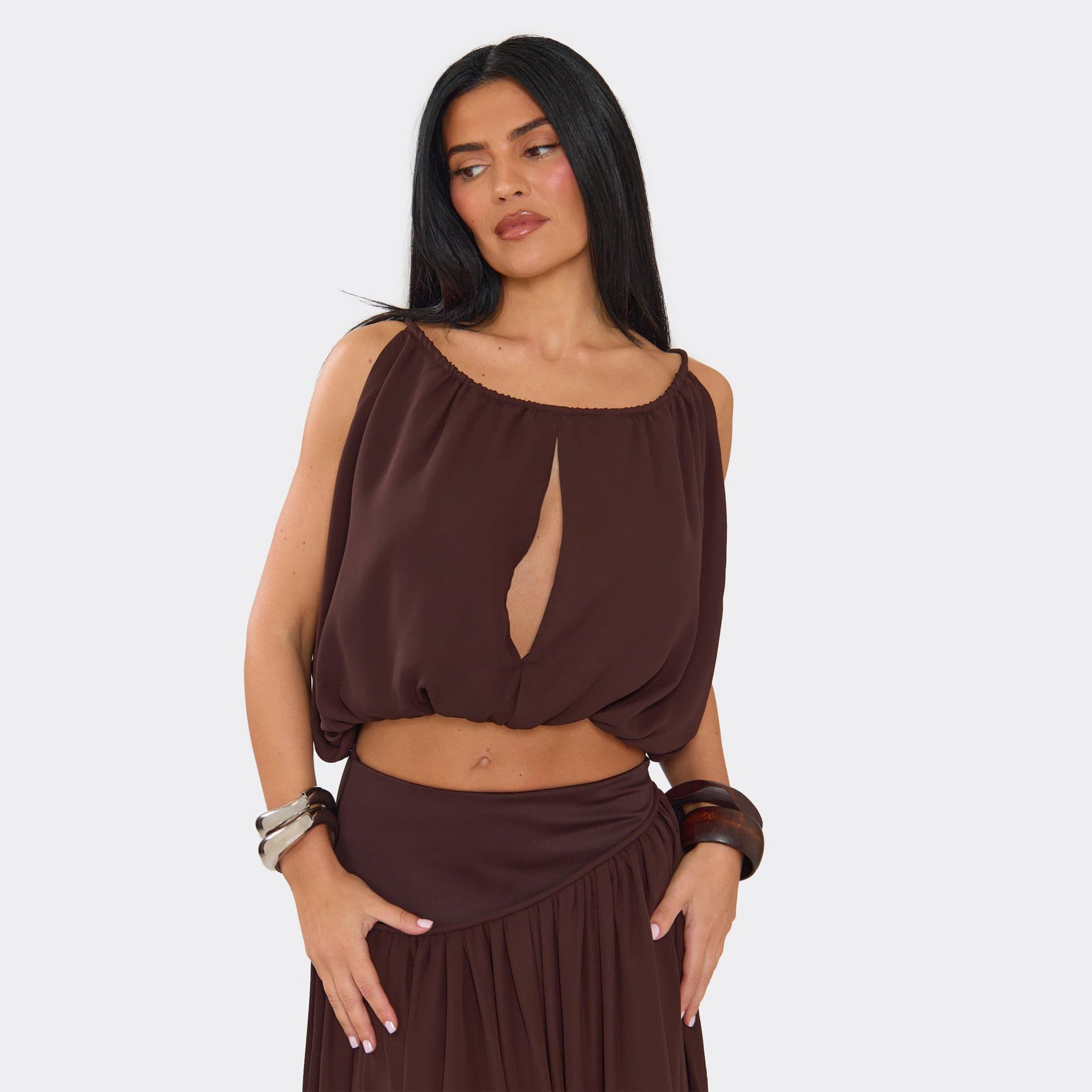 EGO Scoop Neck Tie Back Detail Sleeveless Crop Top In Chocolate Brown Woven, Women's Size UK 6