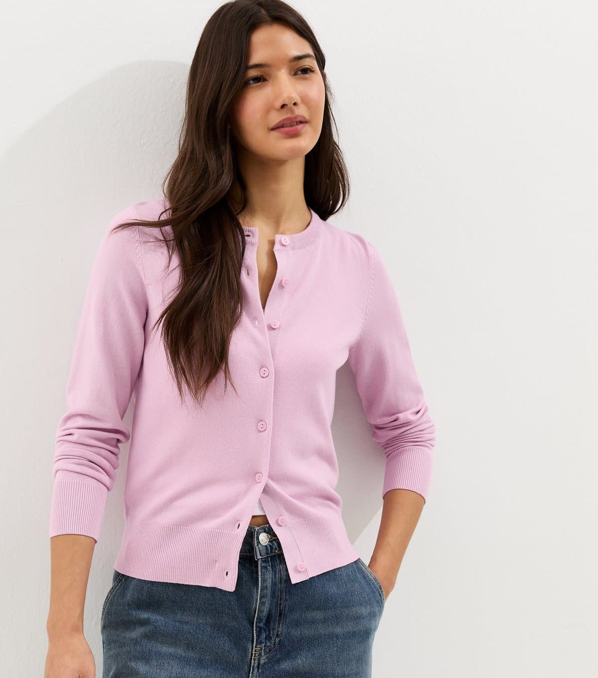 New Look Women's Pink Knit Crew Neck Button Up Cardigan New Look