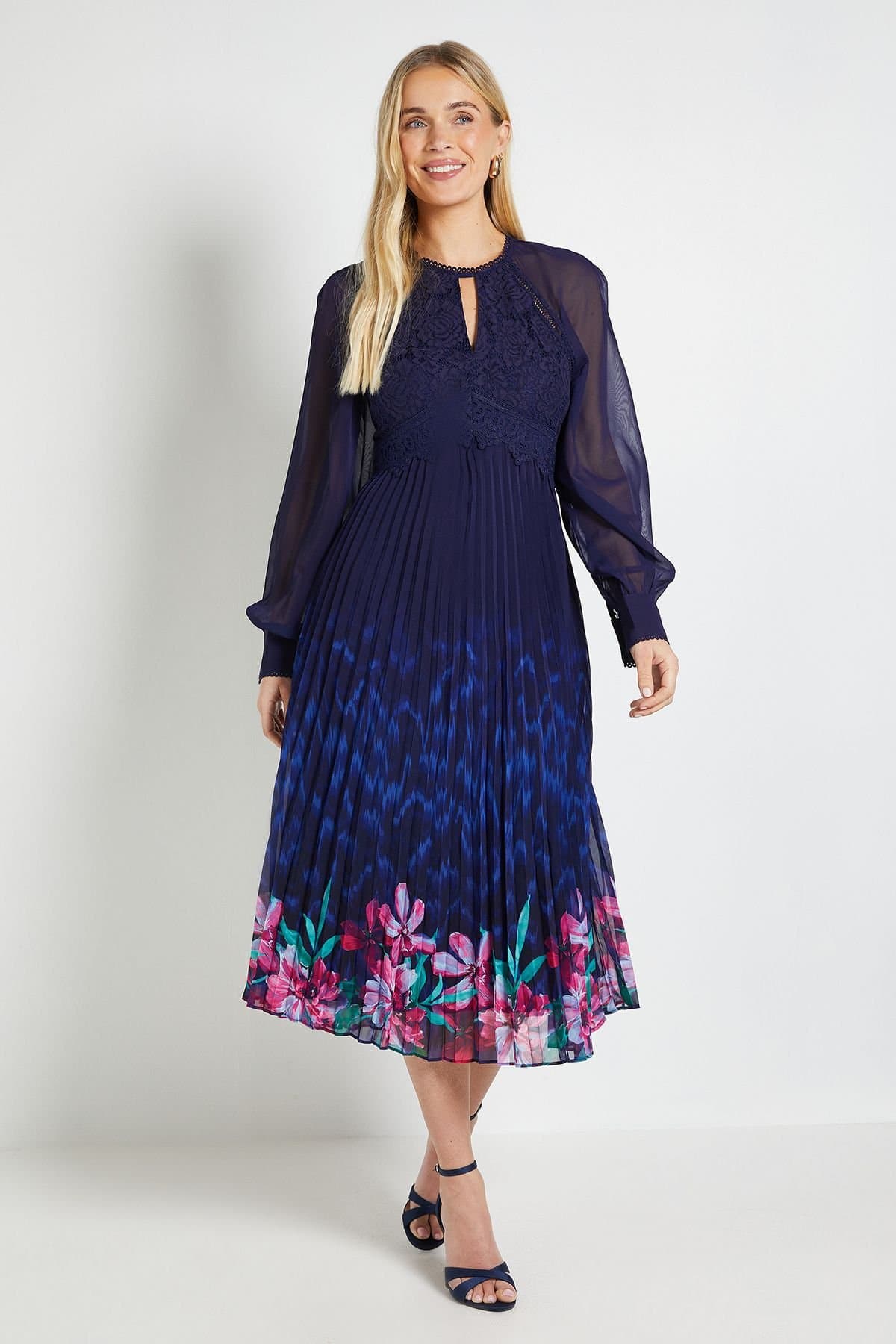 Wallis Wallis Women's Petite Occasion Lace Insert Pleated Midi Dress in Navy