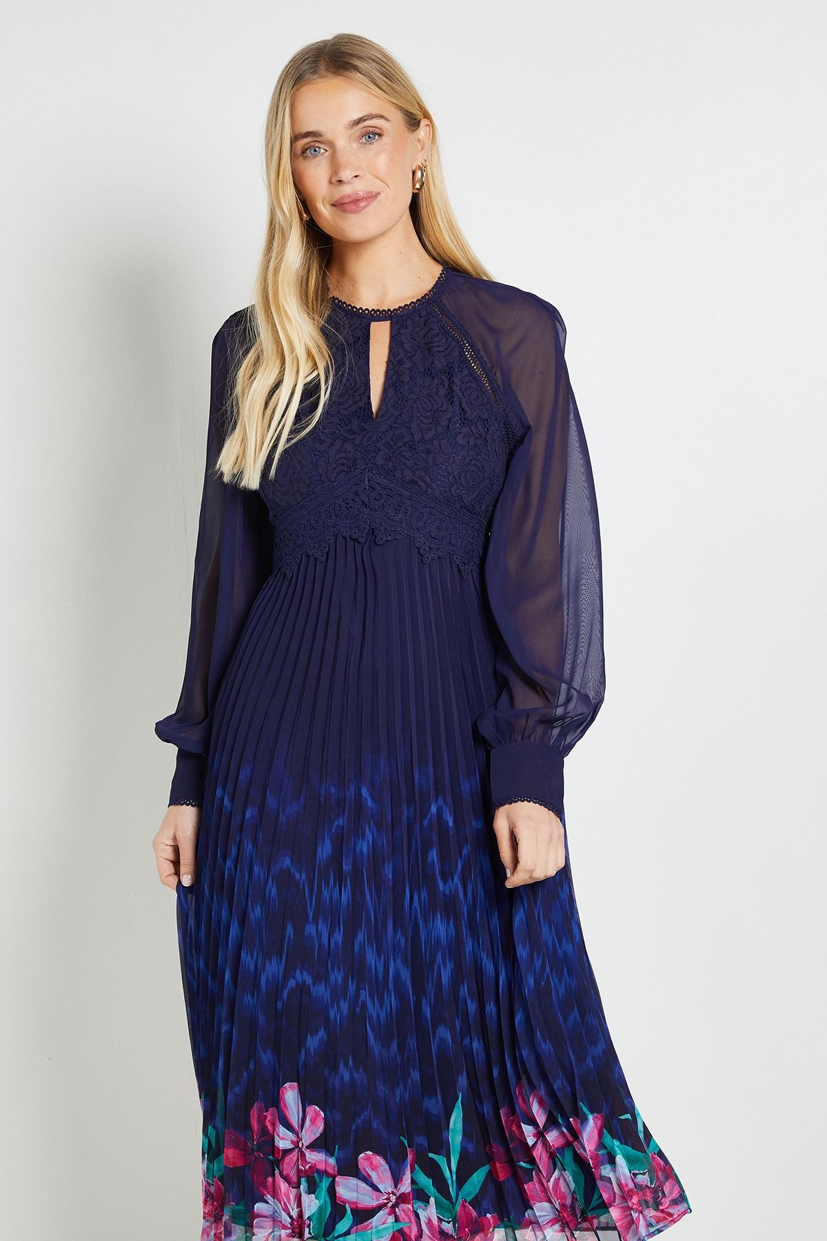 Wallis Wallis Women's Petite Occasion Lace Insert Pleated Midi Dress in Navy - 2