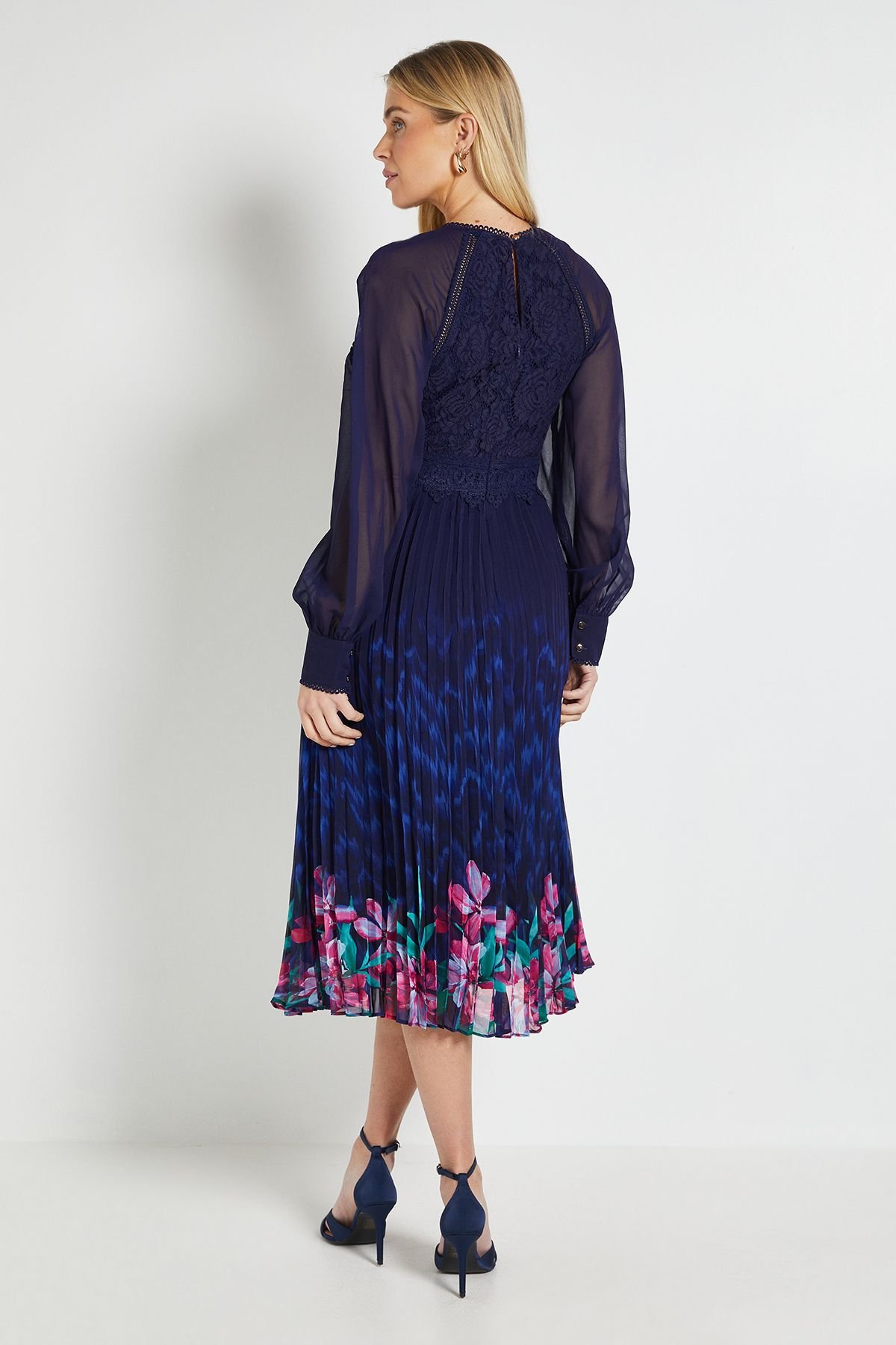 Wallis Wallis Women's Petite Occasion Lace Insert Pleated Midi Dress in Navy - 3