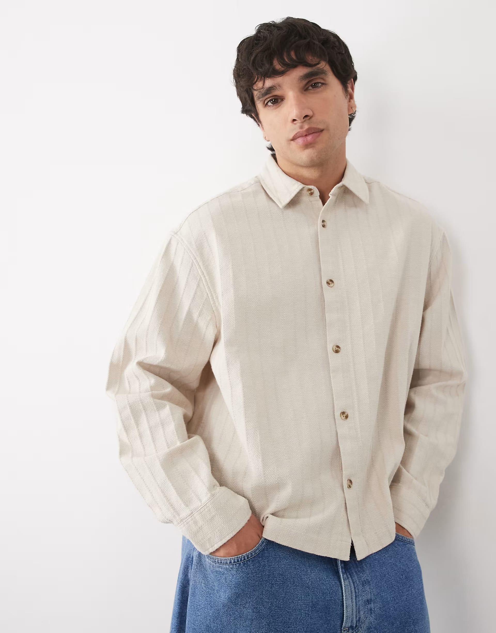 ASOS DESIGN boxy oversized textured stripe shirt in beige