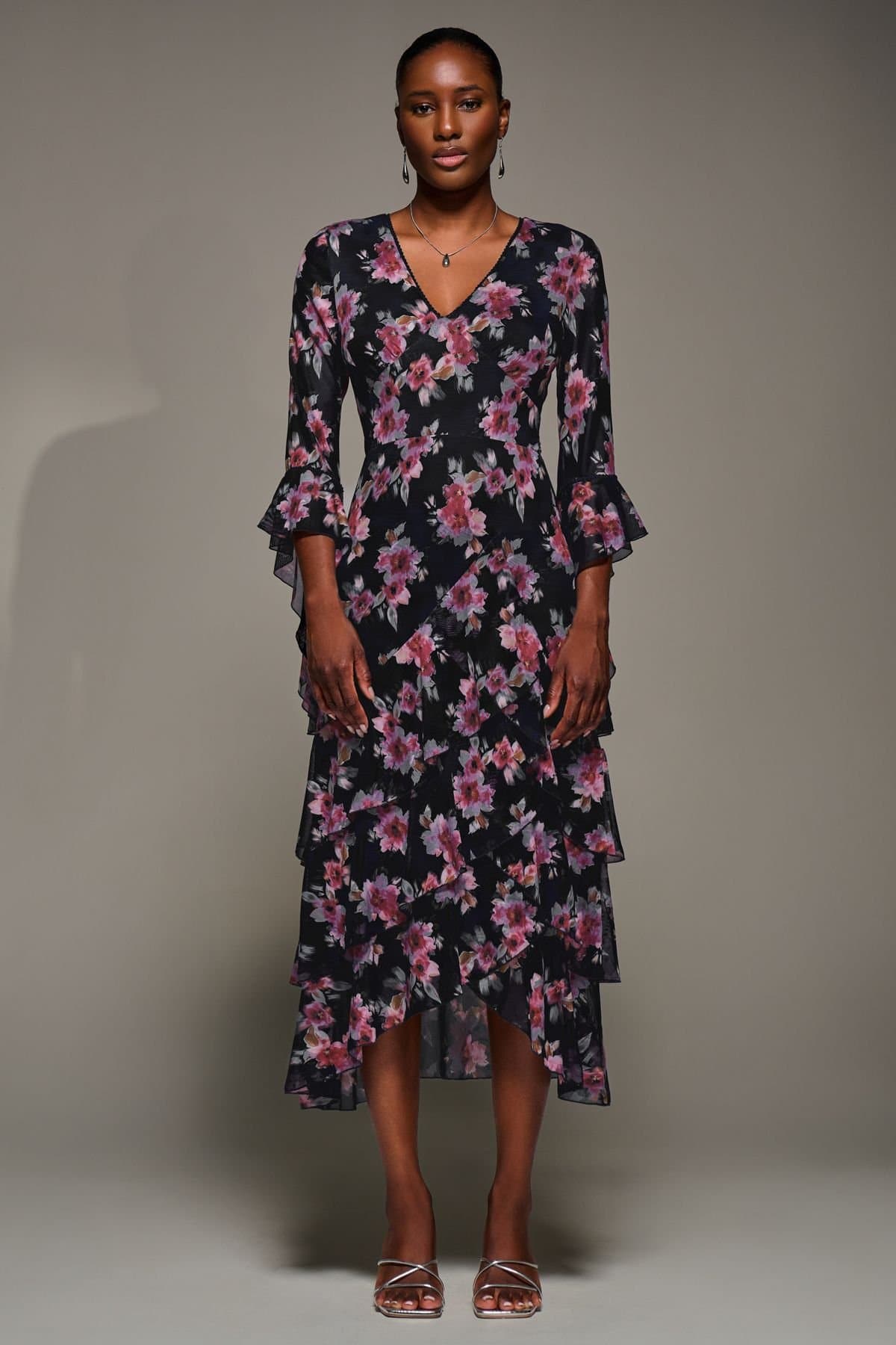 Jolie Moi Jolie Moi Women's Ruffle Sleeve Tiered Mesh Midaxi Dress in Navy