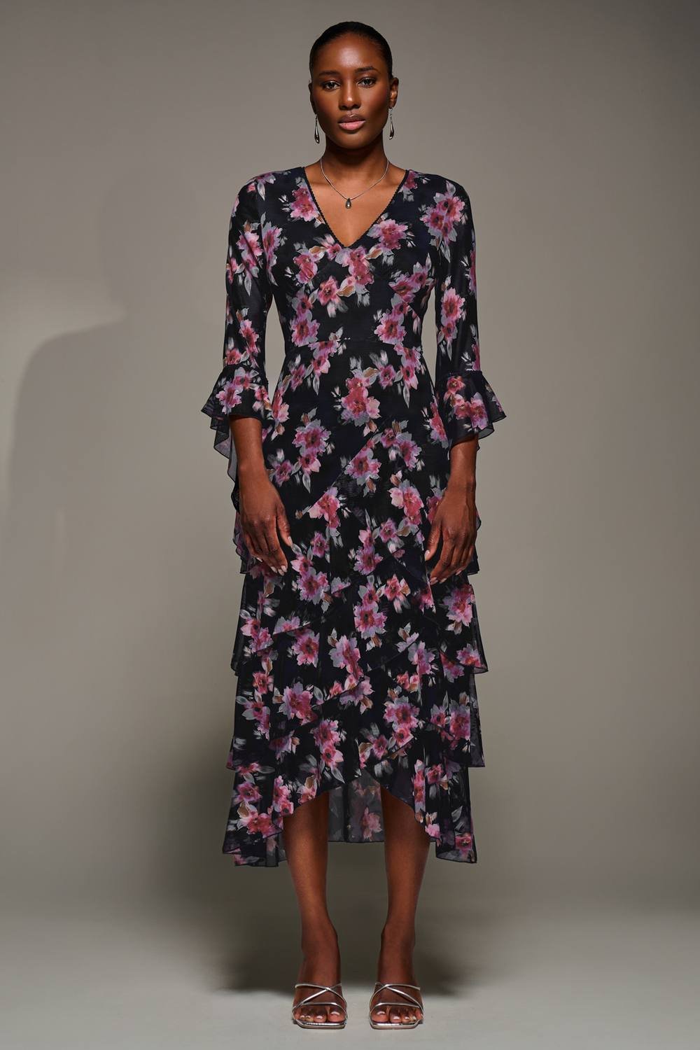 Jolie Moi Jolie Moi Women's Ruffle Sleeve Tiered Mesh Midaxi Dress in Navy - 3