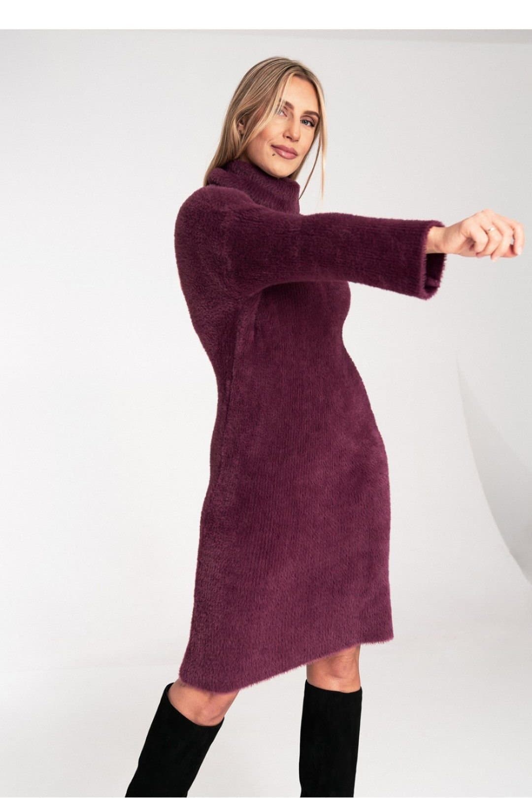 Love Lace Love Lace Women's Soft Fluffy Knit Bell Sleeve Turtleneck Dress in Burgundy