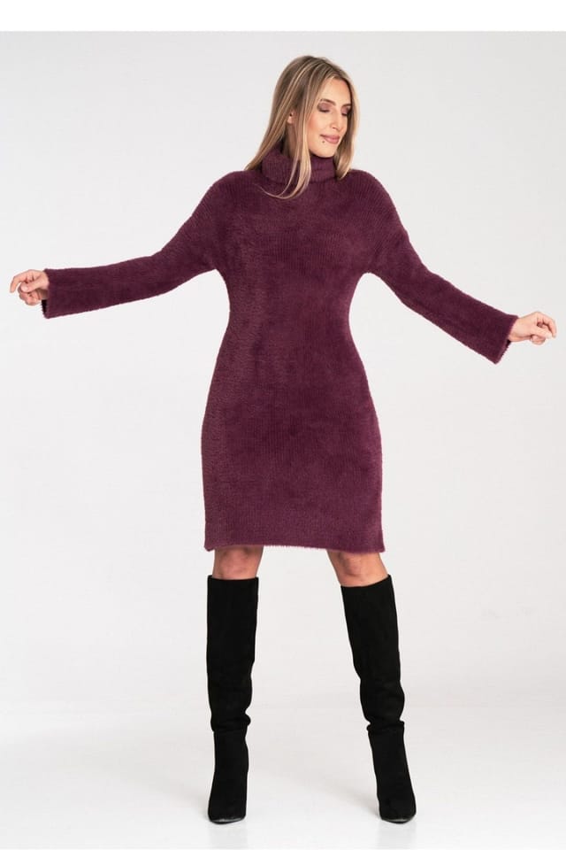 Love Lace Love Lace Women's Soft Fluffy Knit Bell Sleeve Turtleneck Dress in Burgundy - 2