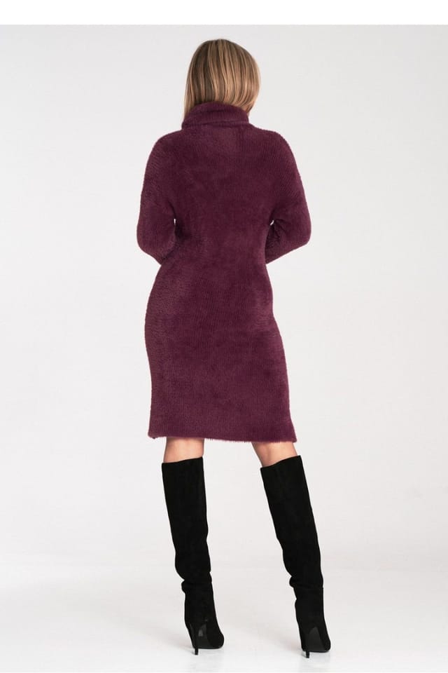 Love Lace Love Lace Women's Soft Fluffy Knit Bell Sleeve Turtleneck Dress in Burgundy - 3