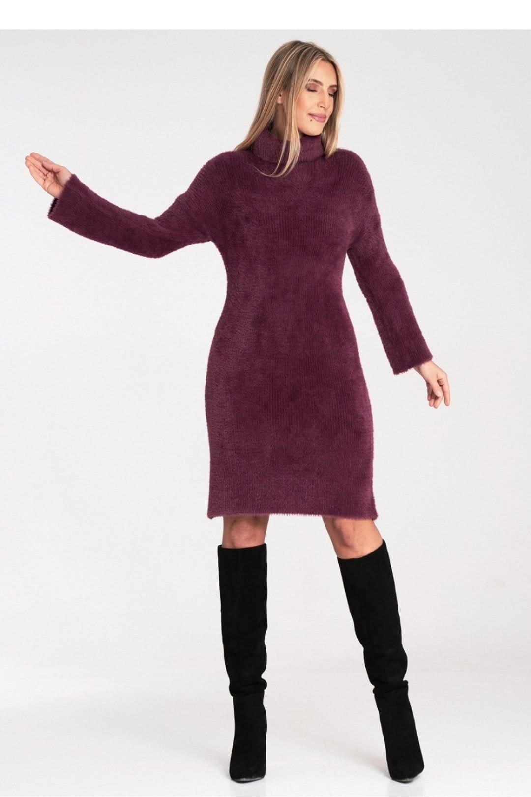 Love Lace Love Lace Women's Soft Fluffy Knit Bell Sleeve Turtleneck Dress in Burgundy - 4