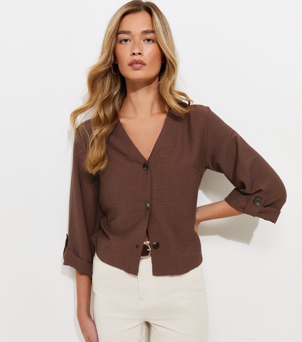 New Look Women's Tall Dark Brown Crinkle Texture Button Front Shirt New Look