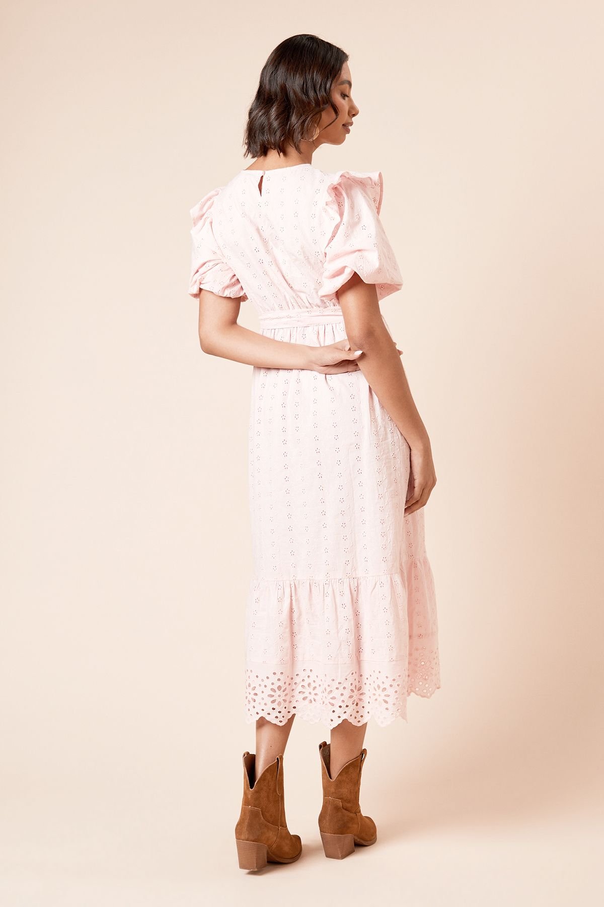 Dorothy Perkins Dorothy Perkins Women's Cutwork Ruffle Sleeve Puff Sleeve Midi Dress in Pink - 3