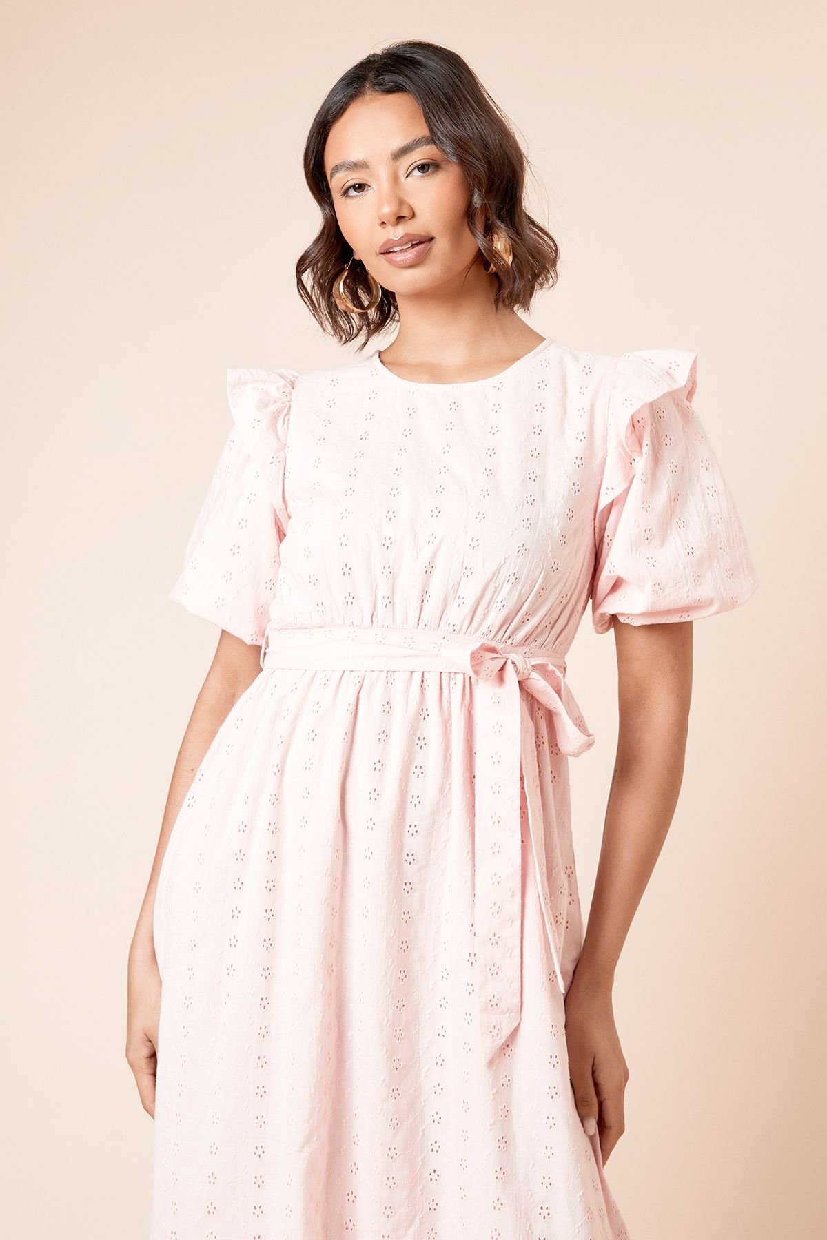 Dorothy Perkins Dorothy Perkins Women's Cutwork Ruffle Sleeve Puff Sleeve Midi Dress in Pink - 4
