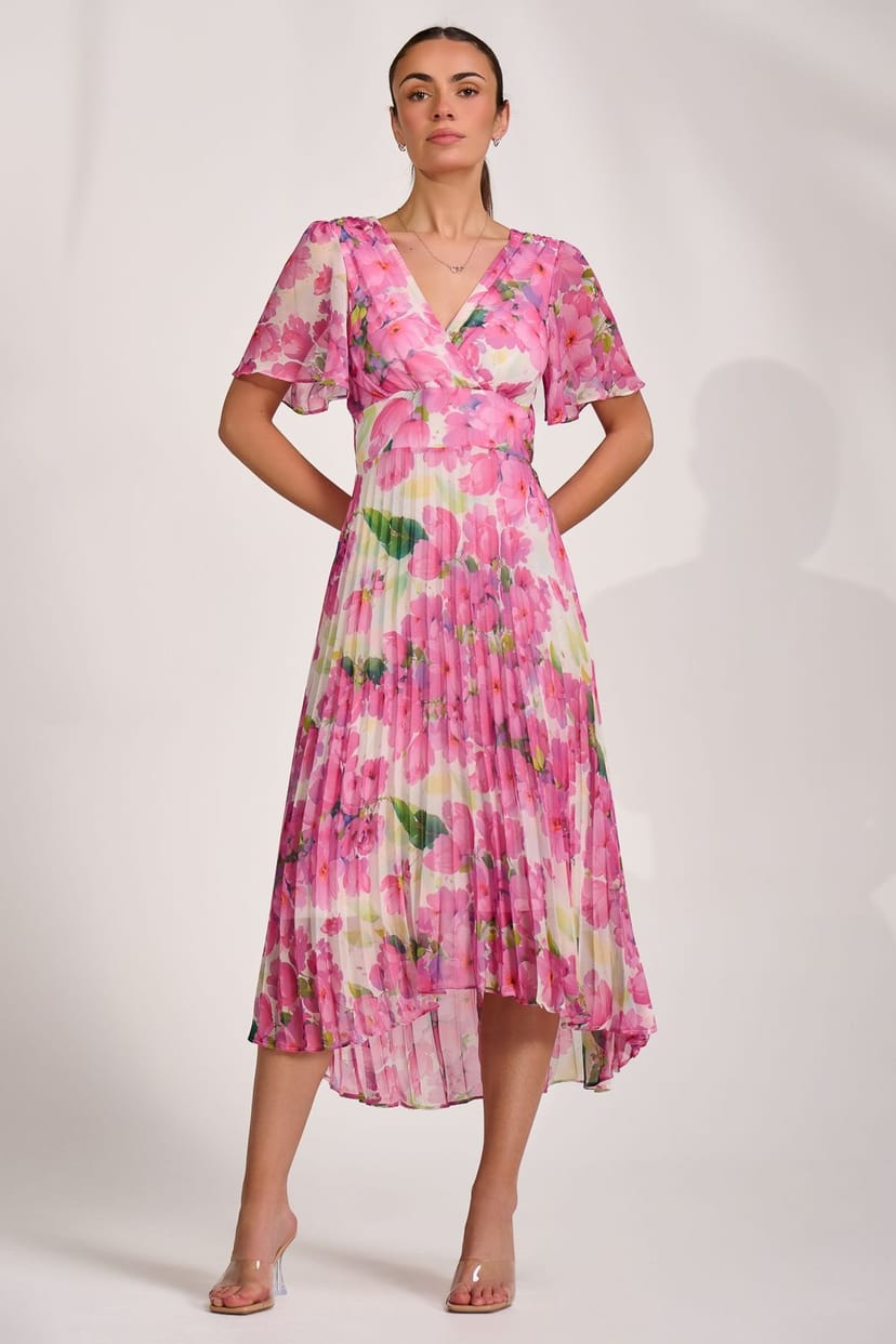 Jolie Moi Jolie Moi Women's Chiffon Pleated Maxi Dress in Bright Pink - 1