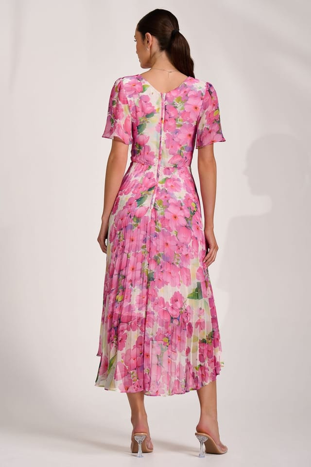 Jolie Moi Jolie Moi Women's Chiffon Pleated Maxi Dress in Bright Pink - 2