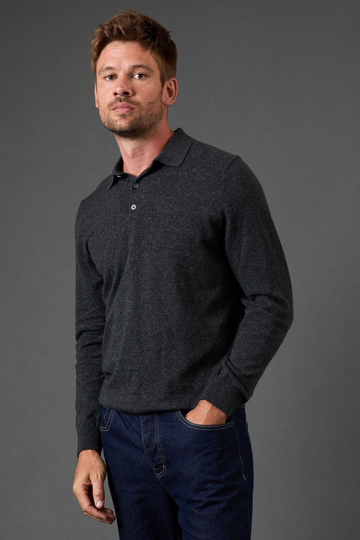 Burton Burton Charcoal Cotton Rich Long Sleeve Polo
