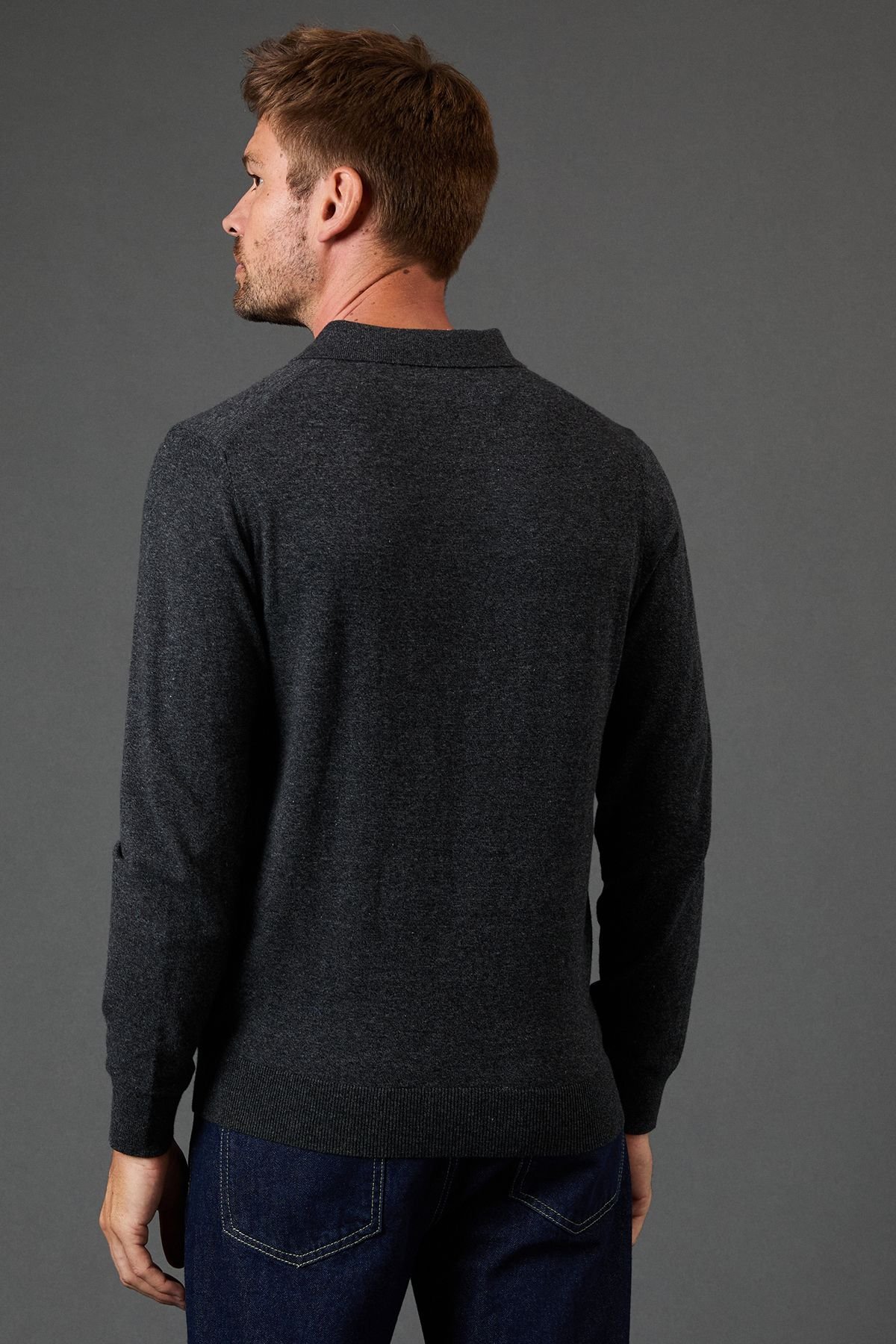 Burton Burton Men's Cotton Rich Long Sleeve Knitted Polo in Charcoal - 3