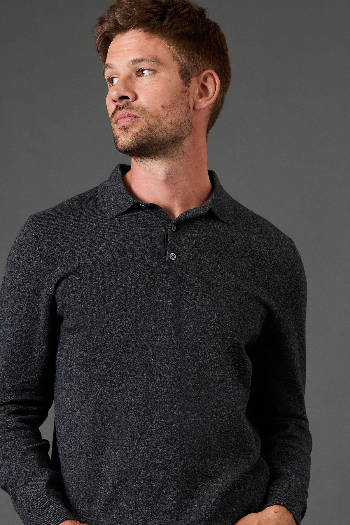 Burton Burton Men's Cotton Rich Long Sleeve Knitted Polo in Charcoal - 4