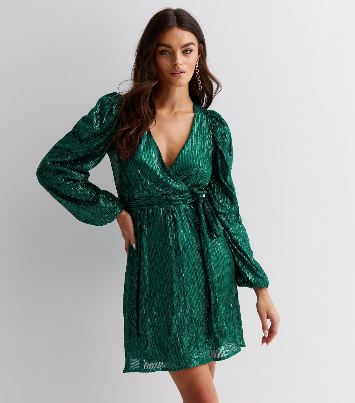 Gini London Women's Dark Green Sequin V Neck Long Sleeve Belted Mini Wrap Dress Gini London New Look