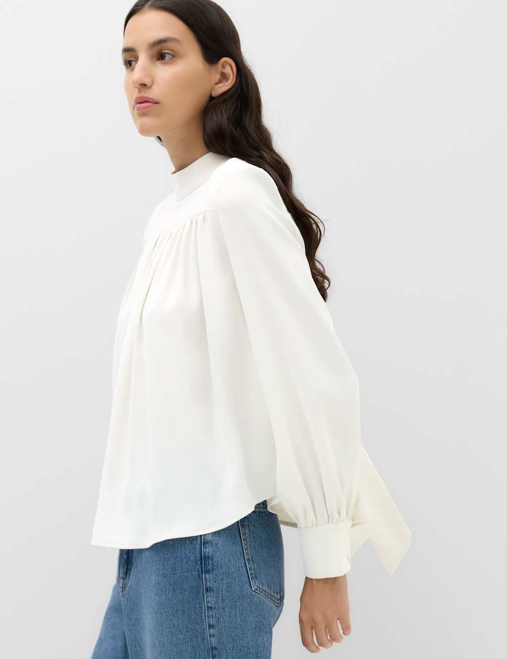 Marks & Spencer M&S High Neck Blouson Sleeve Blouse Ivory