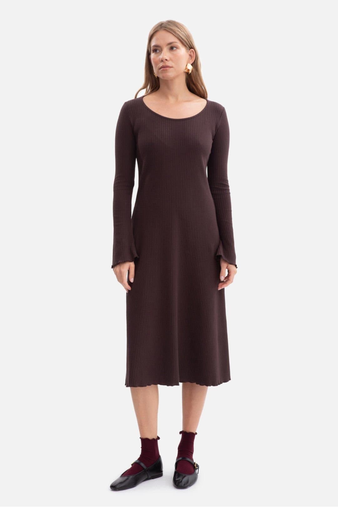 Love Lace Love Lace Women's Ribbed Midi Day Dress with Wavy Hem in Brown